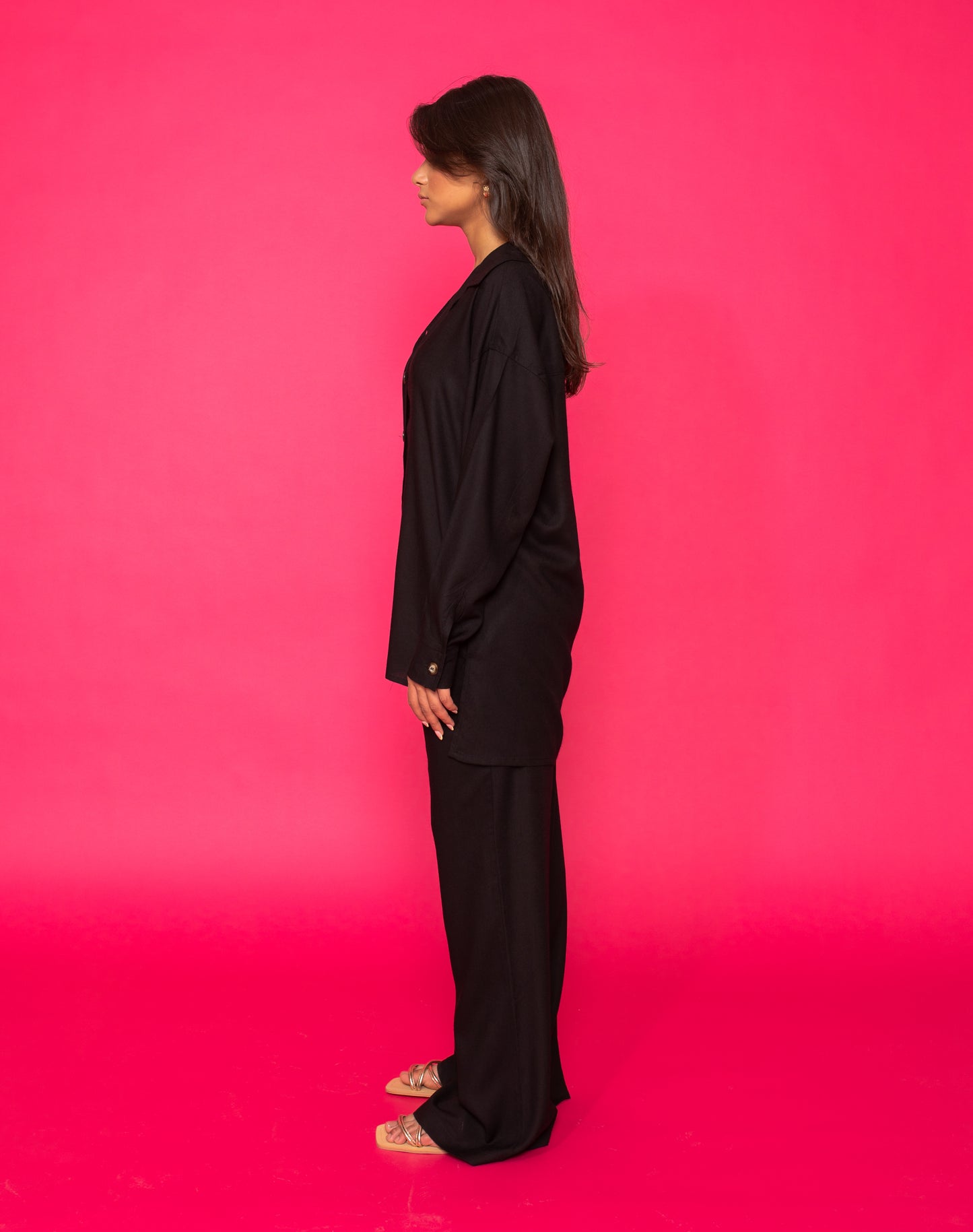 Long Sleeved Button Shirt Set In Black