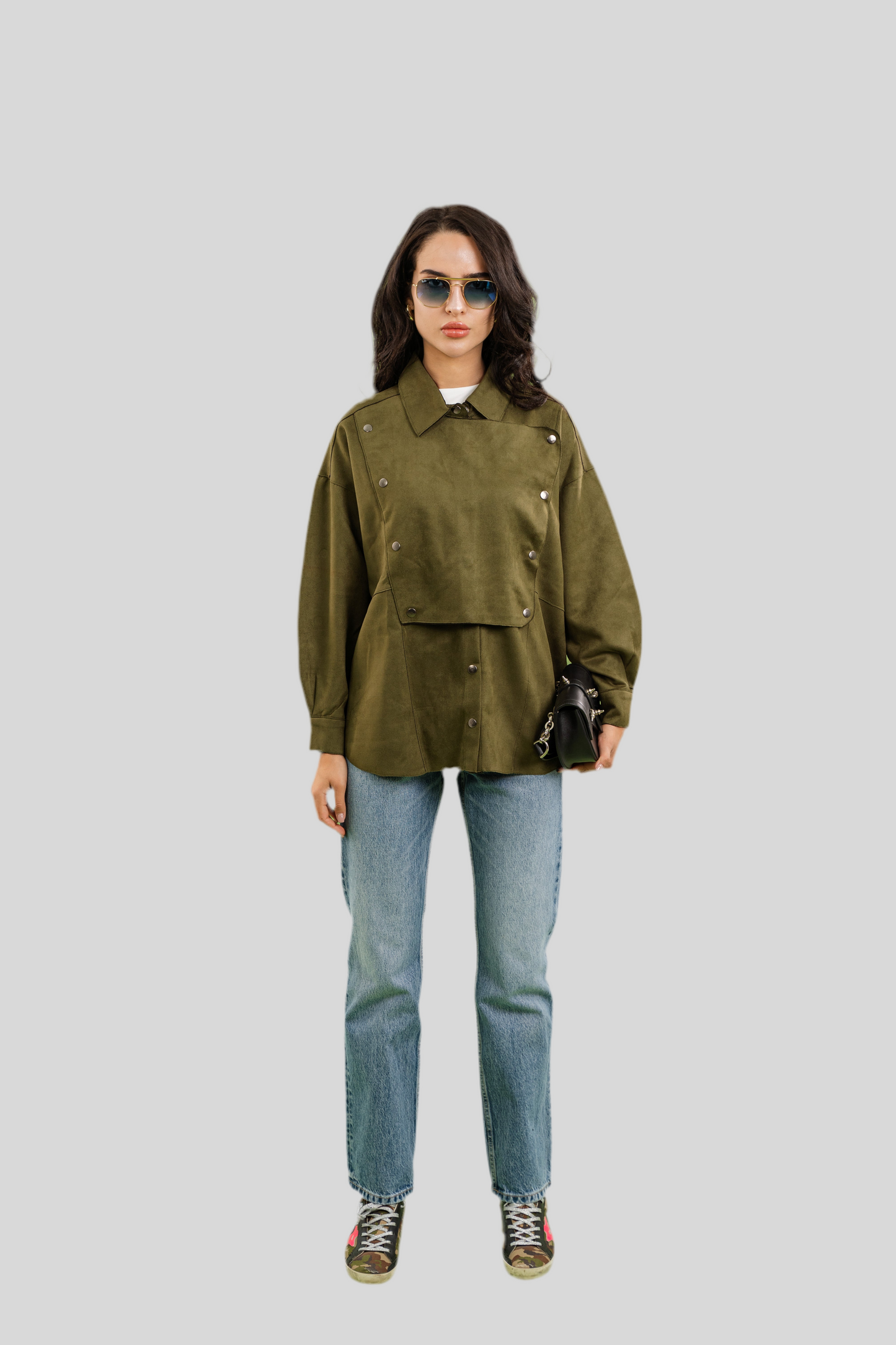 Faux Suede Overshirt In Olive