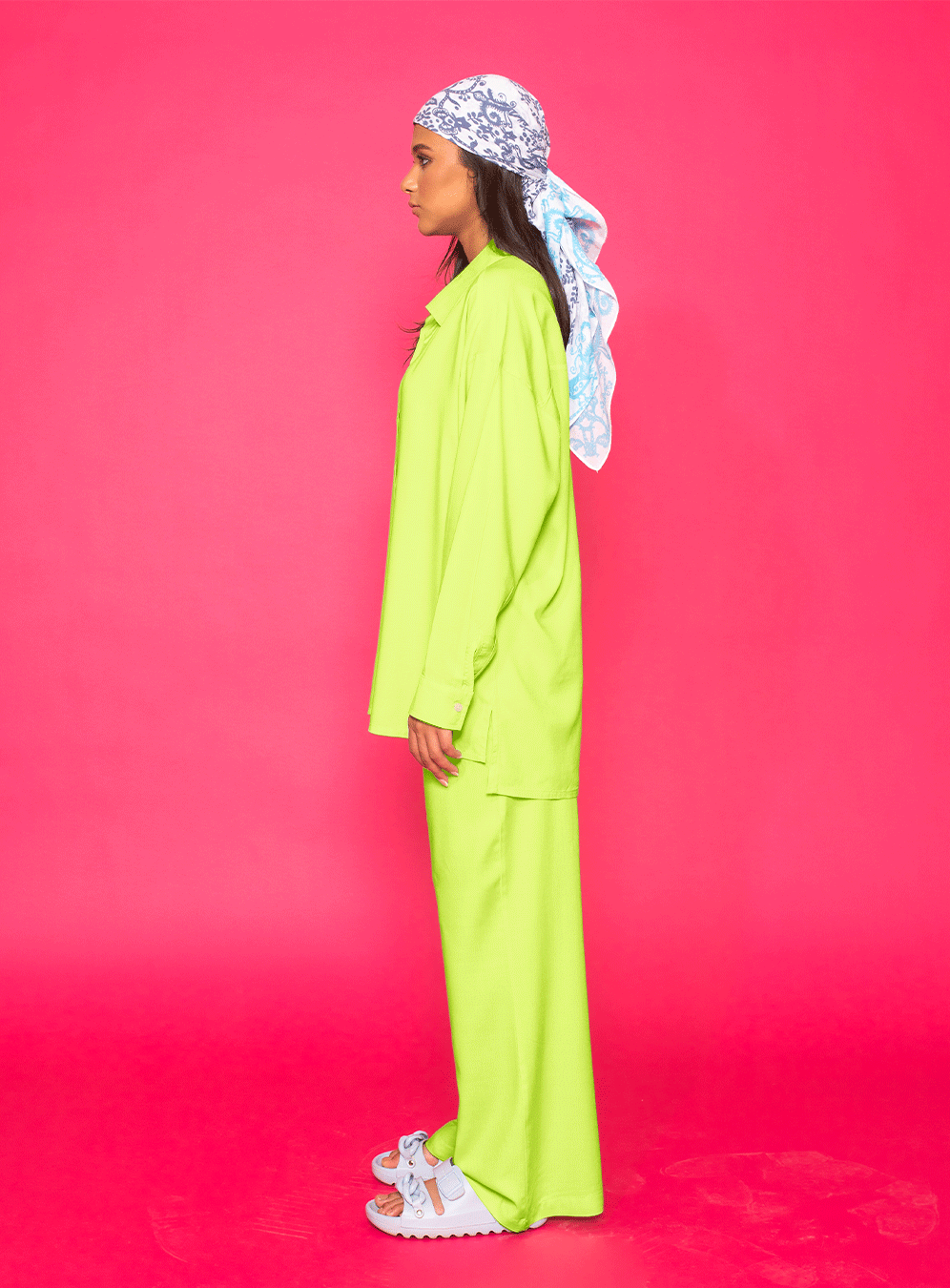 Long Sleeved Button Shirt Set In Lime-Green