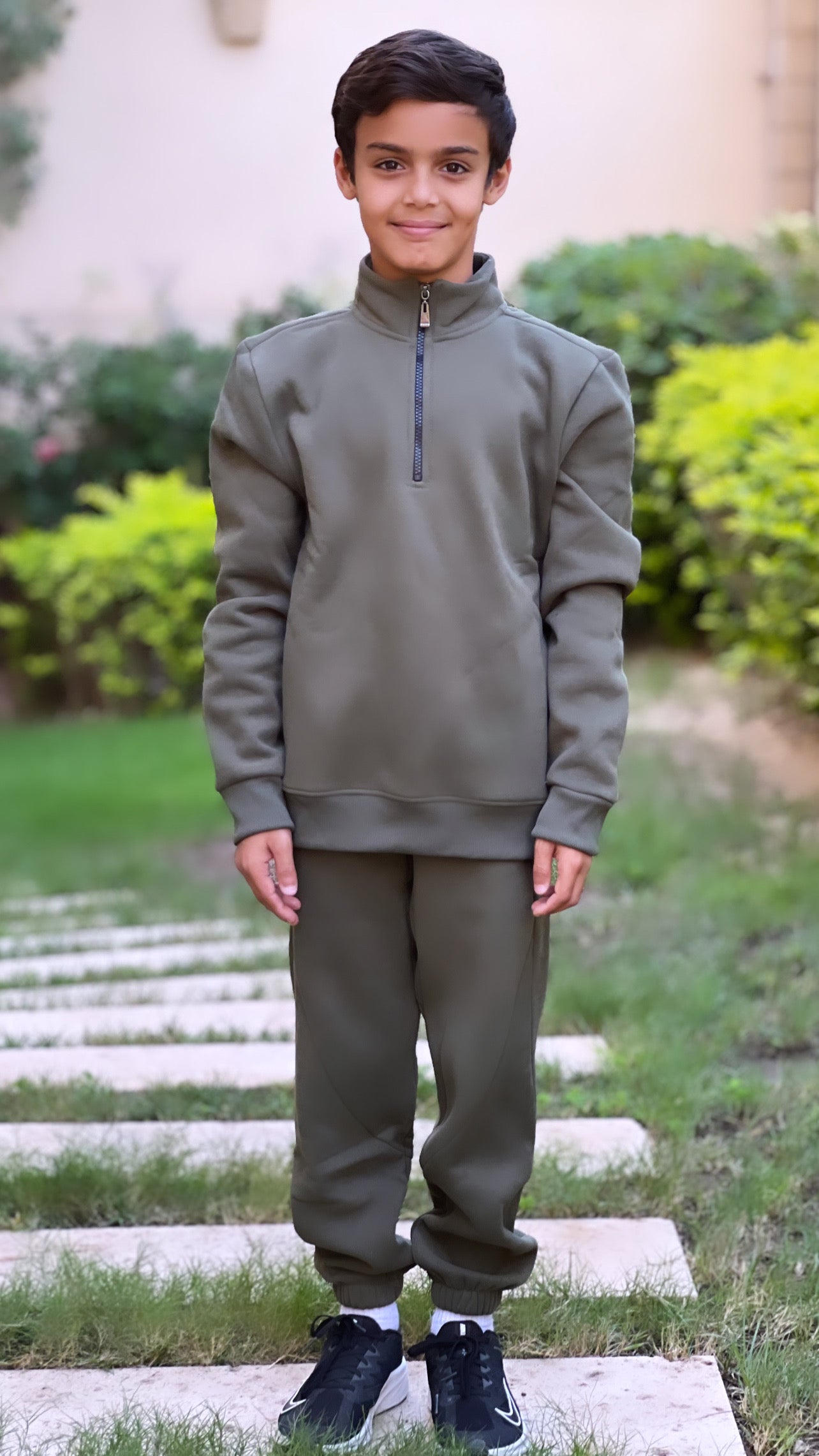 High Neck Zipper Set For Kids In Olive