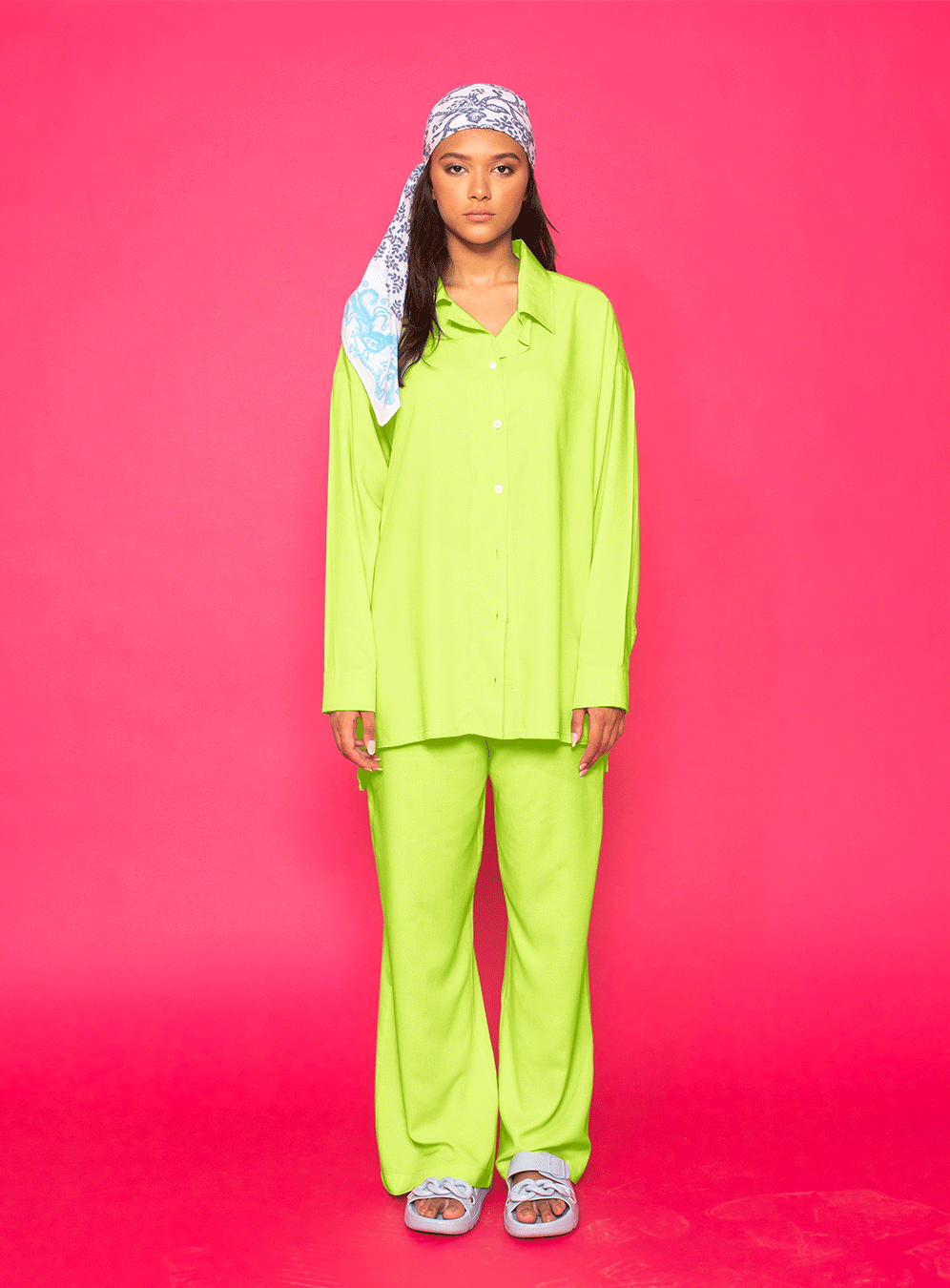 Long Sleeved Button Shirt Set In Lime-Green