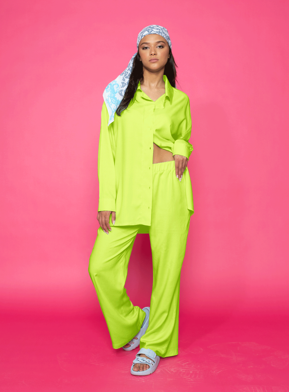 Long Sleeved Button Shirt Set In Lime-Green
