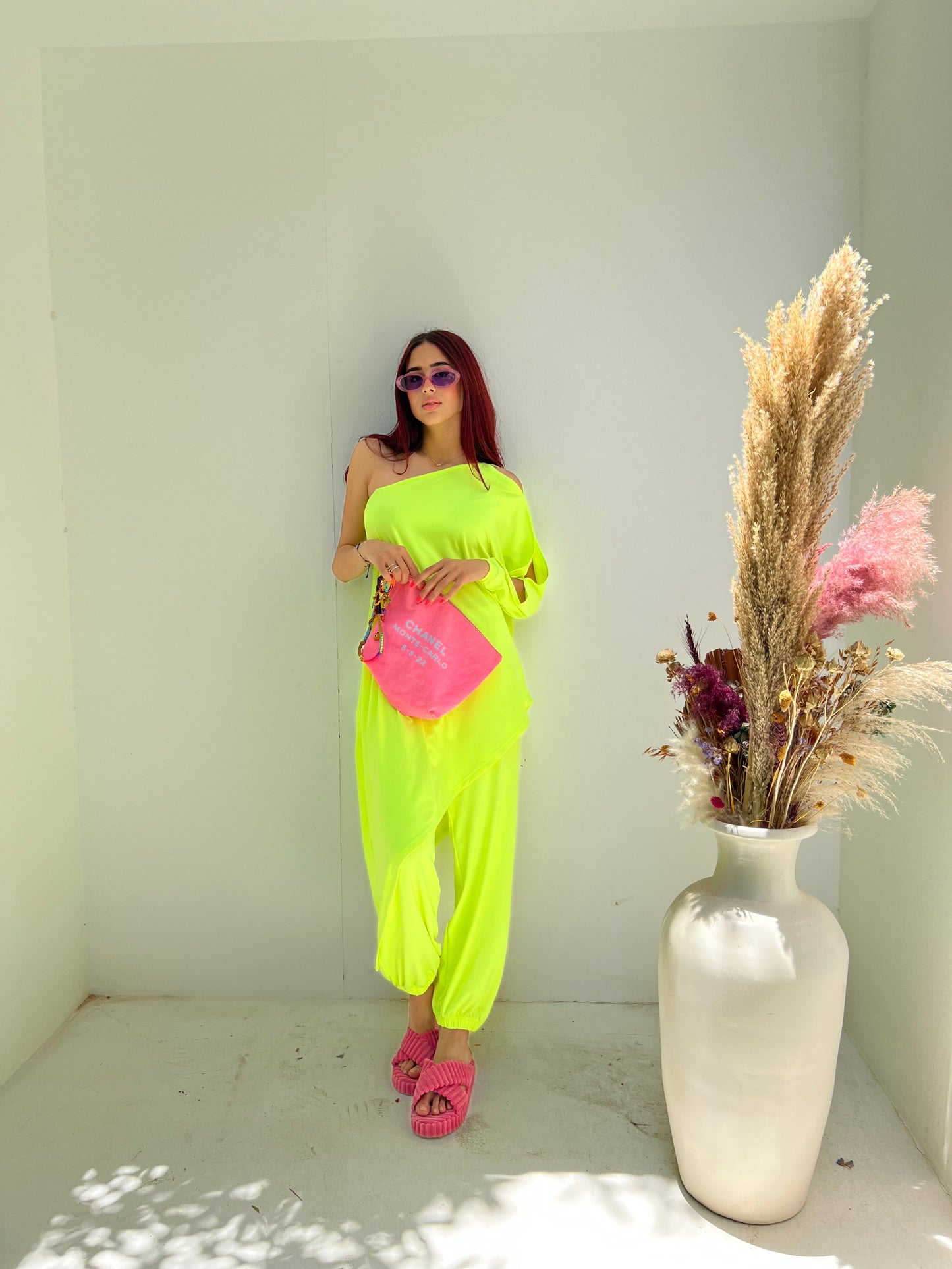 Off Shoulder Beach Set In Lime Green