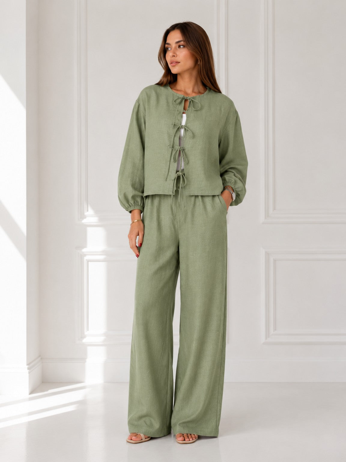 W-The Tie Details Blouse In Mint-Green