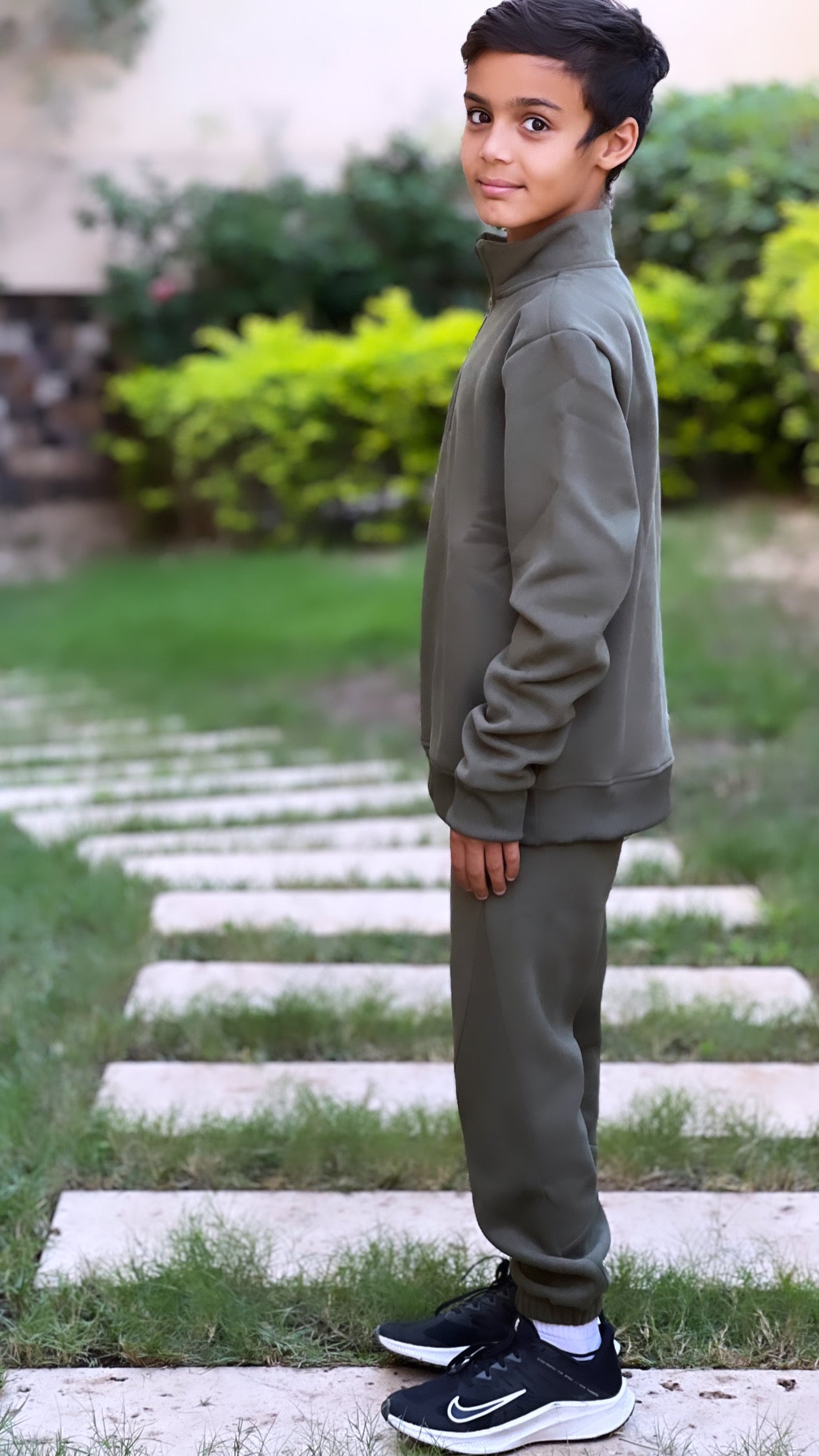 High Neck Zipper Set For Kids In Olive