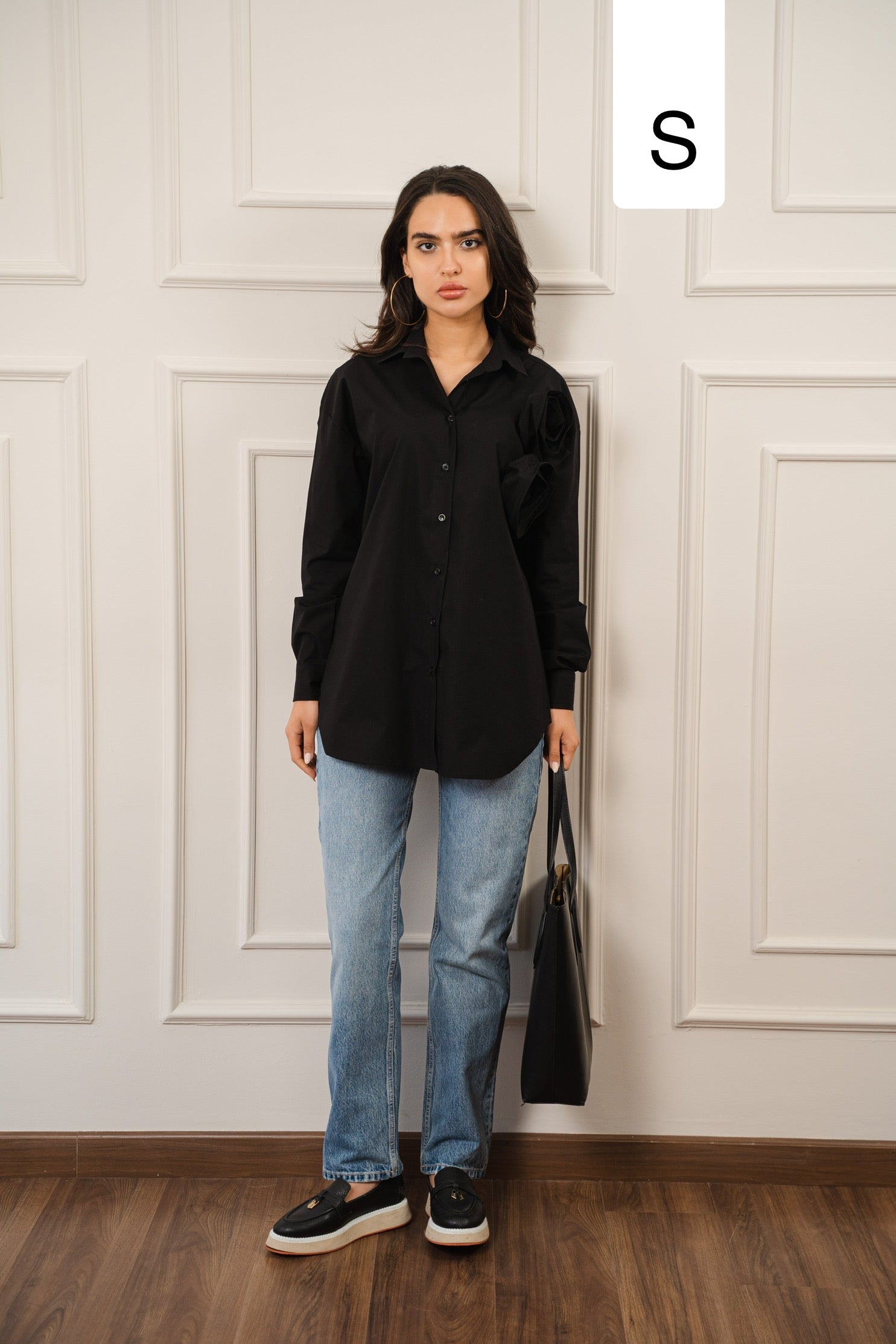 Black Poplin Shirt With Flower Detail