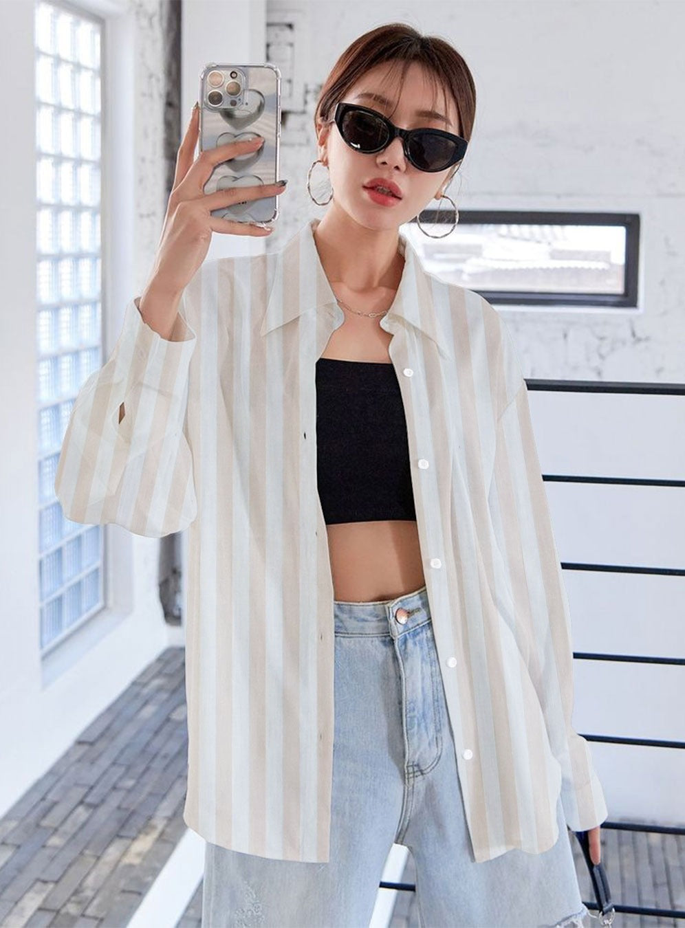 Striped Button Down Shirt - Beige