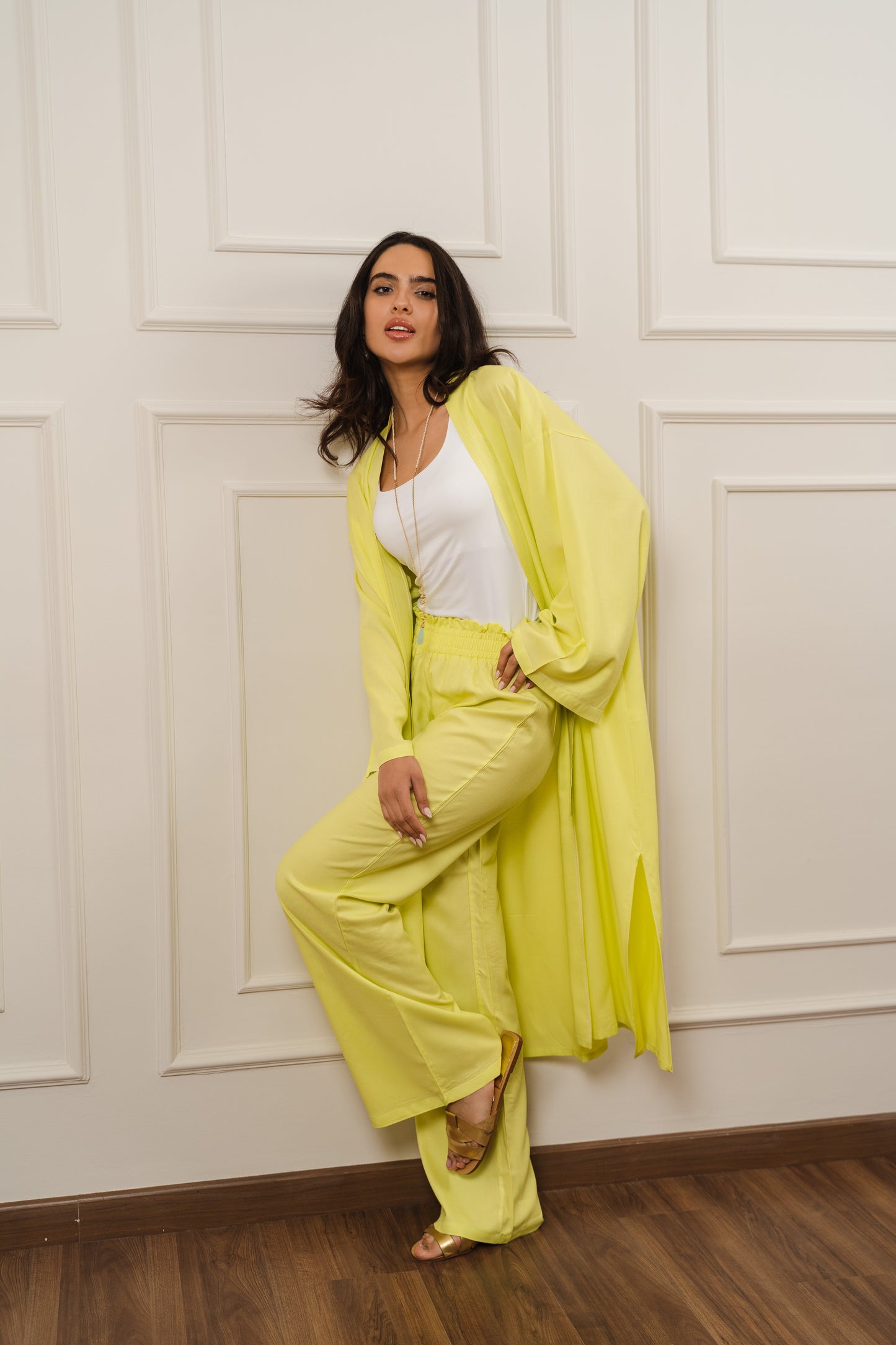 Long Cardigan Set In Lime-Green