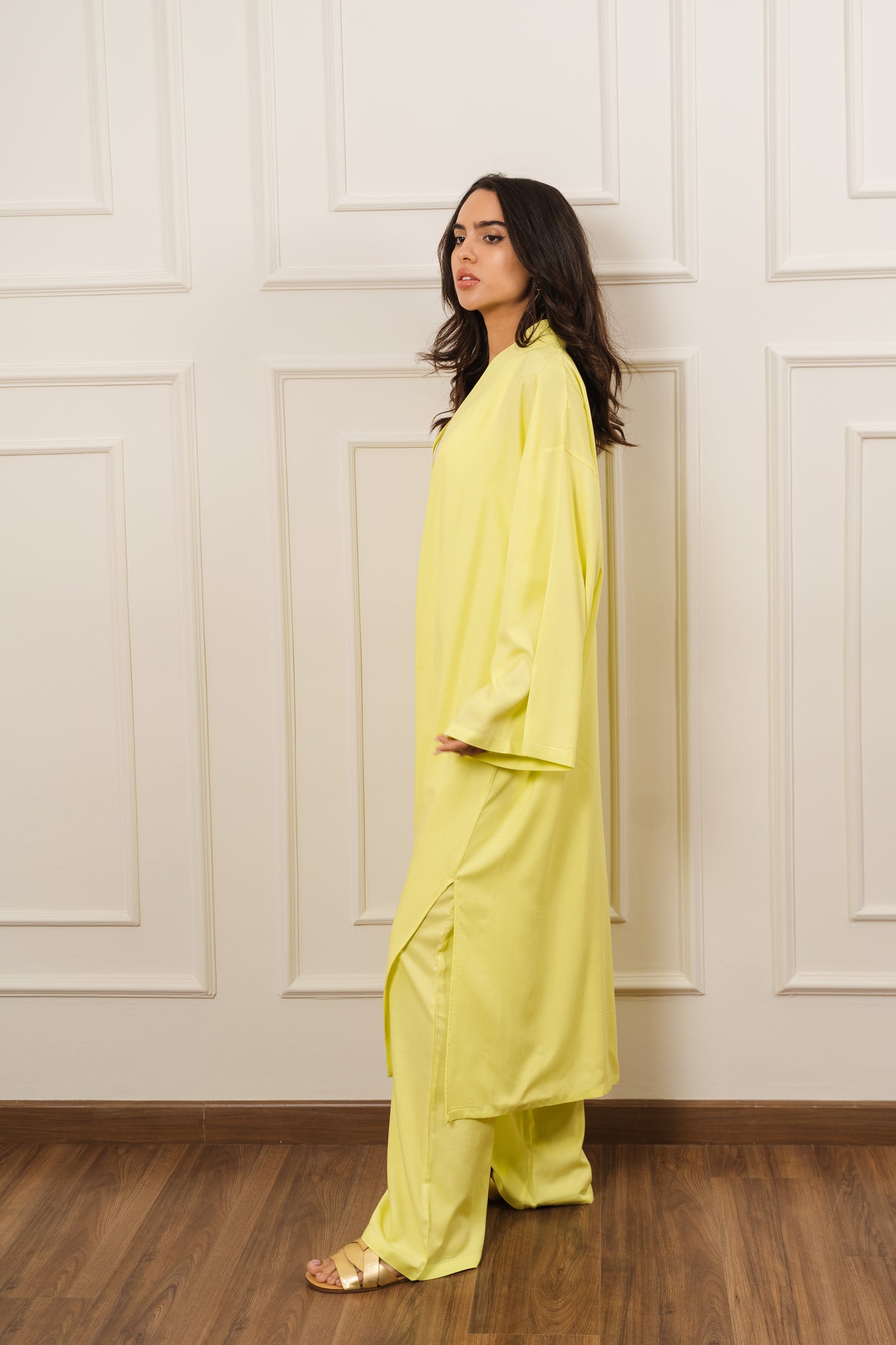 Long Cardigan Set In Lime-Green