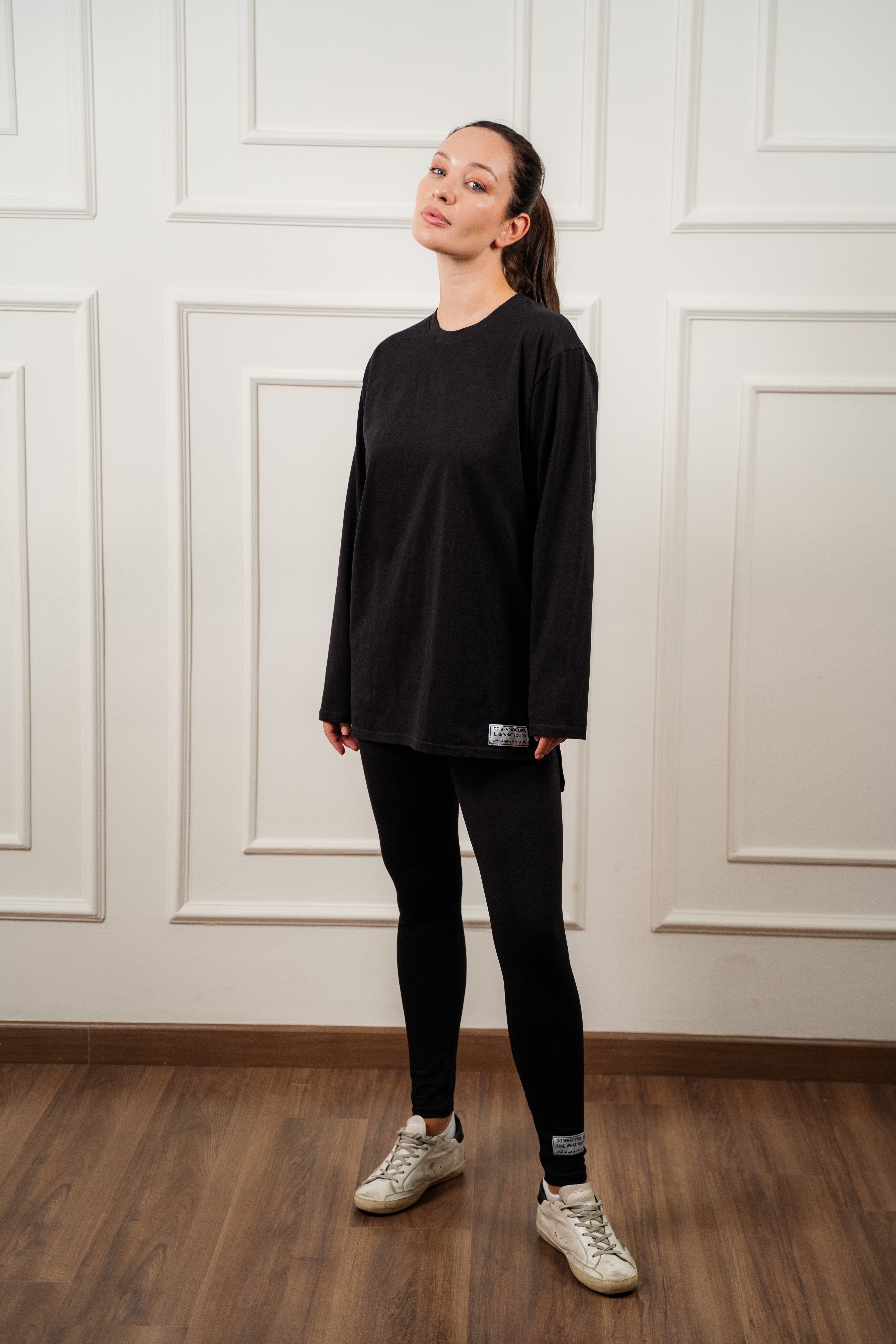 Leggings set with side slit long sleeve top| Black