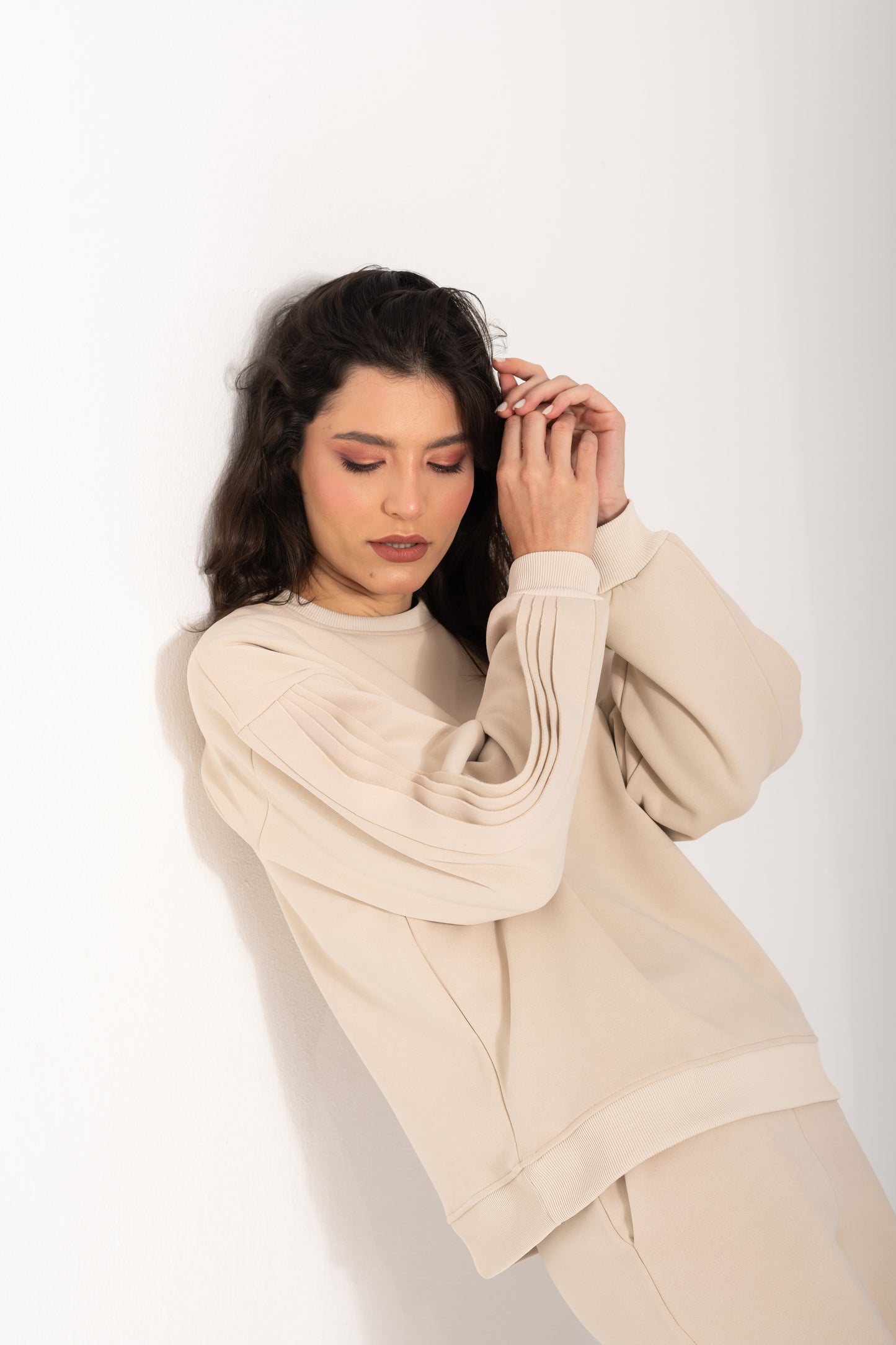 Ruffled Sleeves Tracksuit In Beige