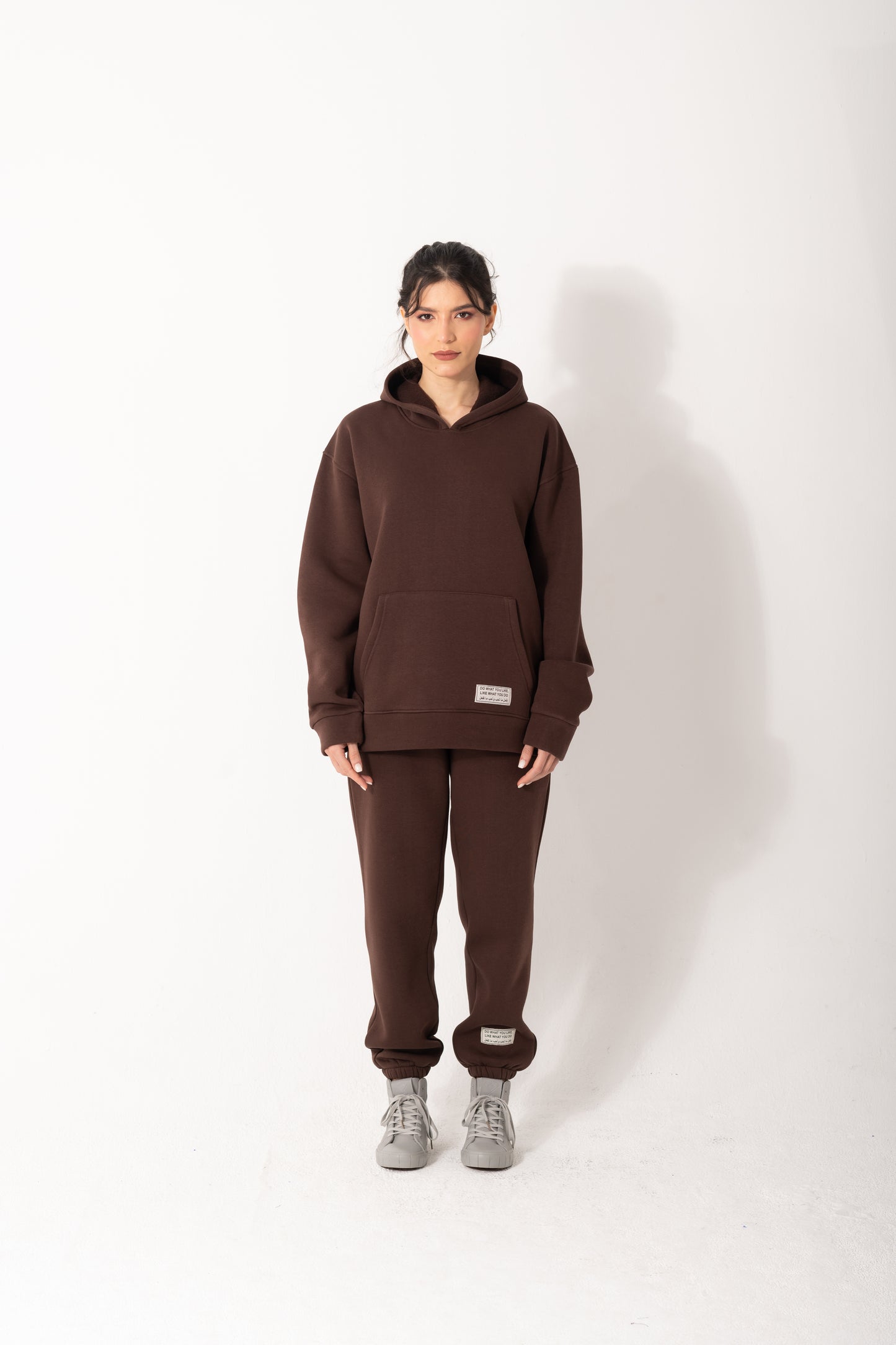 Basic Melton Hoodie Set In Dark Brown