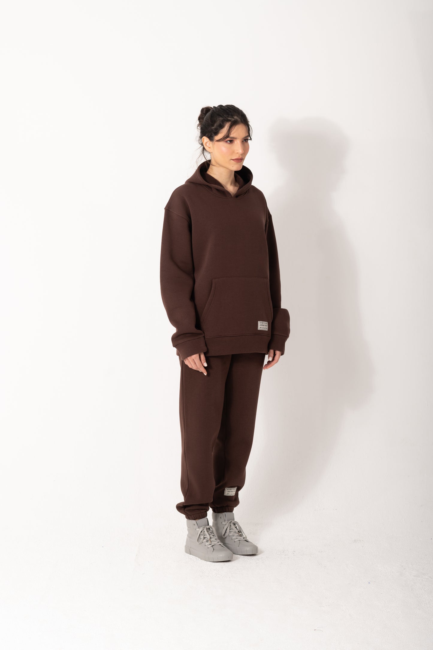 Basic Melton Hoodie Set In Dark Brown