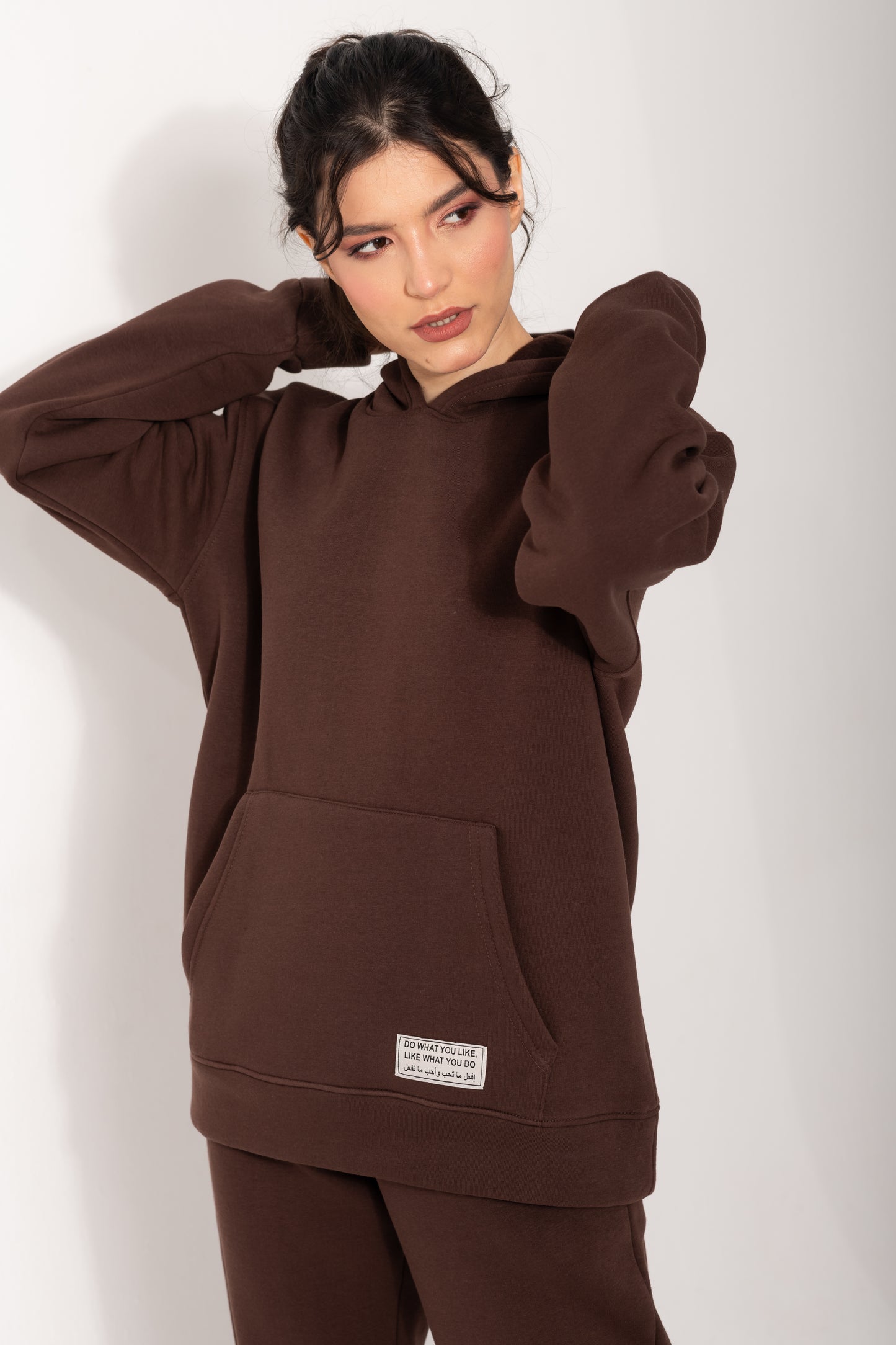 Basic Melton Hoodie Set In Dark Brown