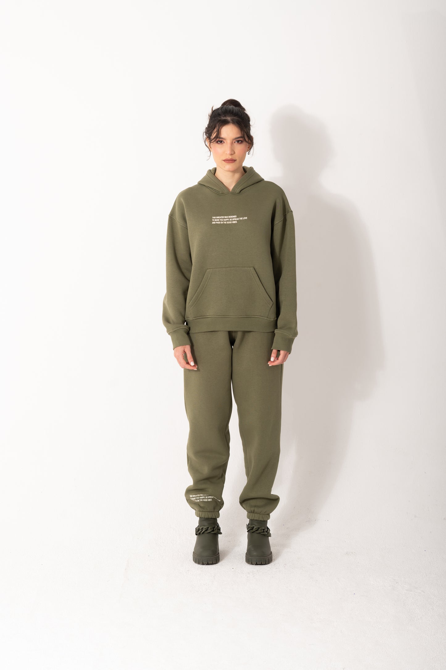 Printed Melton Hoodie Set In Olive