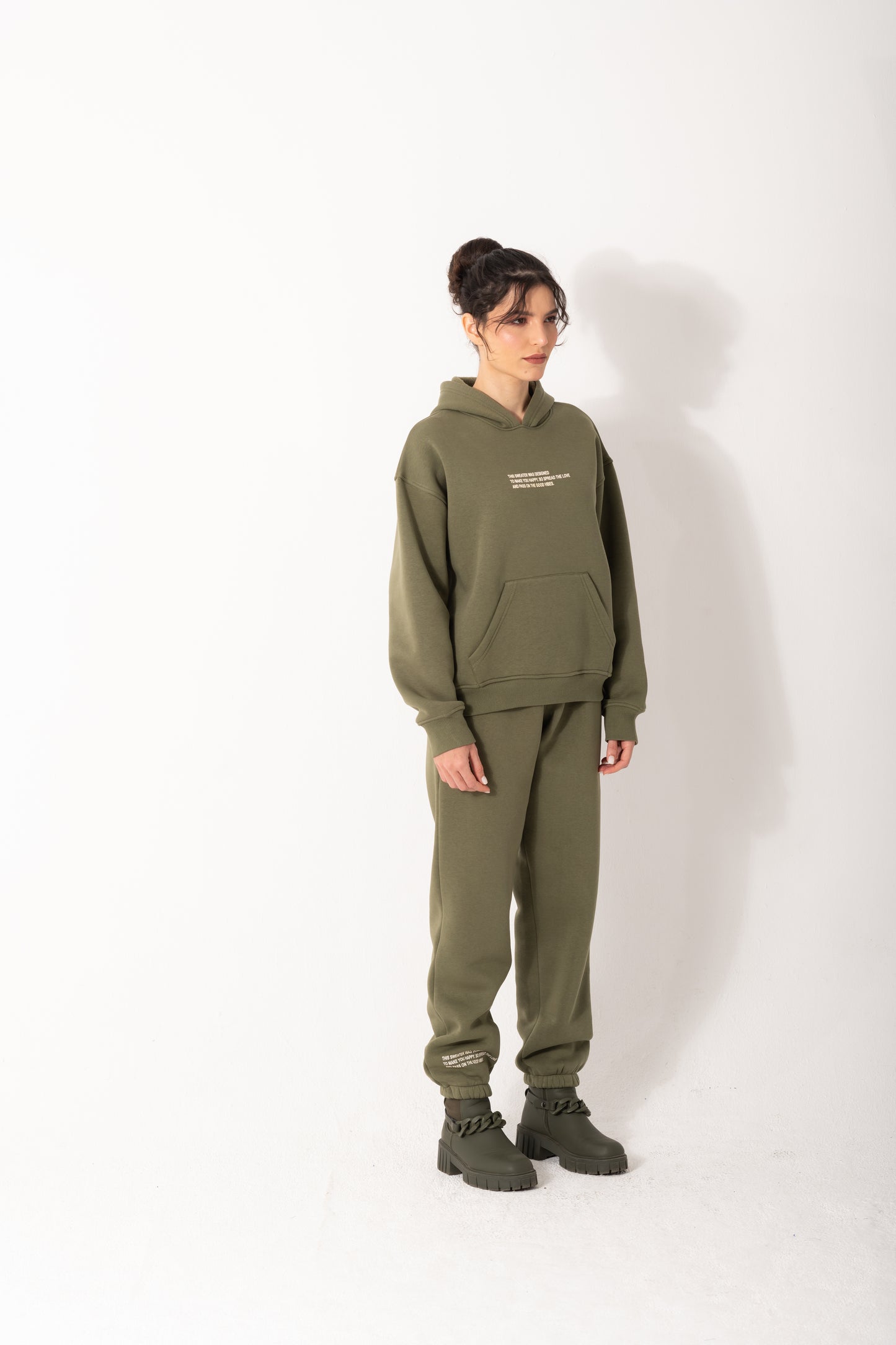 Printed Melton Hoodie Set In Olive