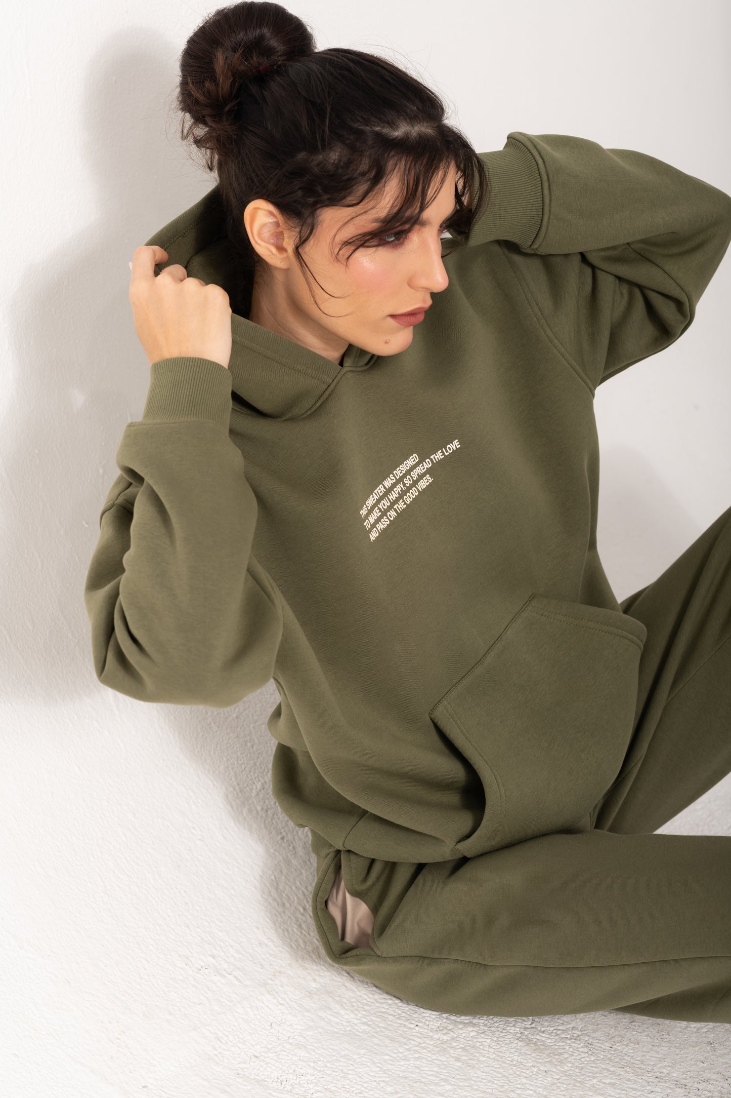 Printed Melton Hoodie Set In Olive