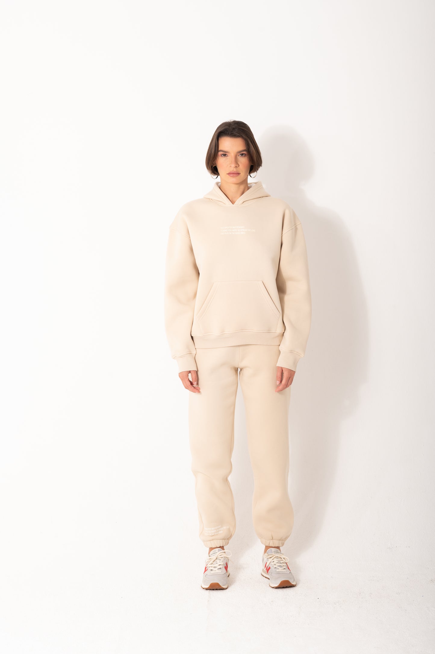 Printed Melton Hoodie Set In Beige