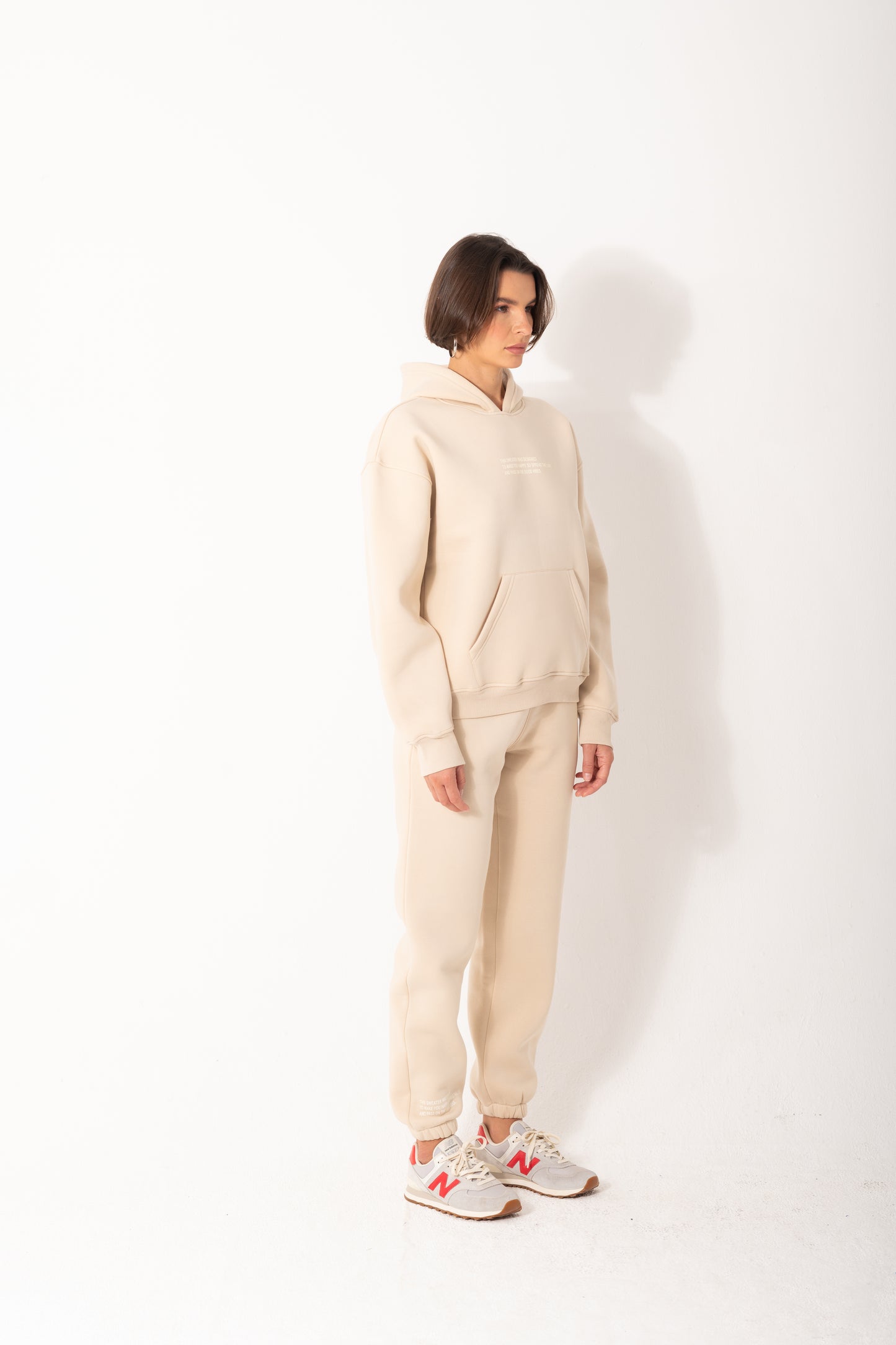 Printed Melton Hoodie Set In Beige