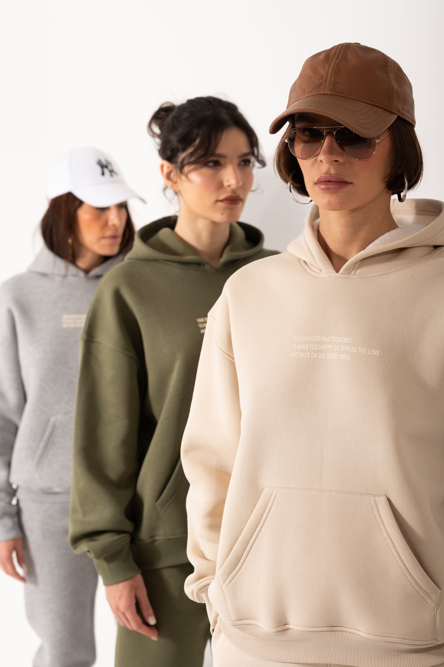 Printed Melton Hoodie Set In Beige