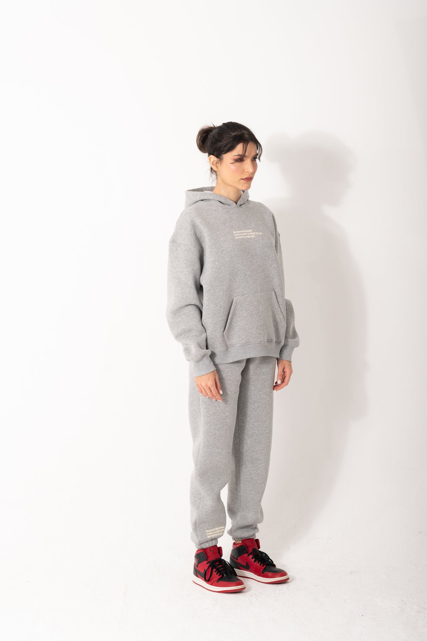 Printed Melton Hoodie Set In Gray