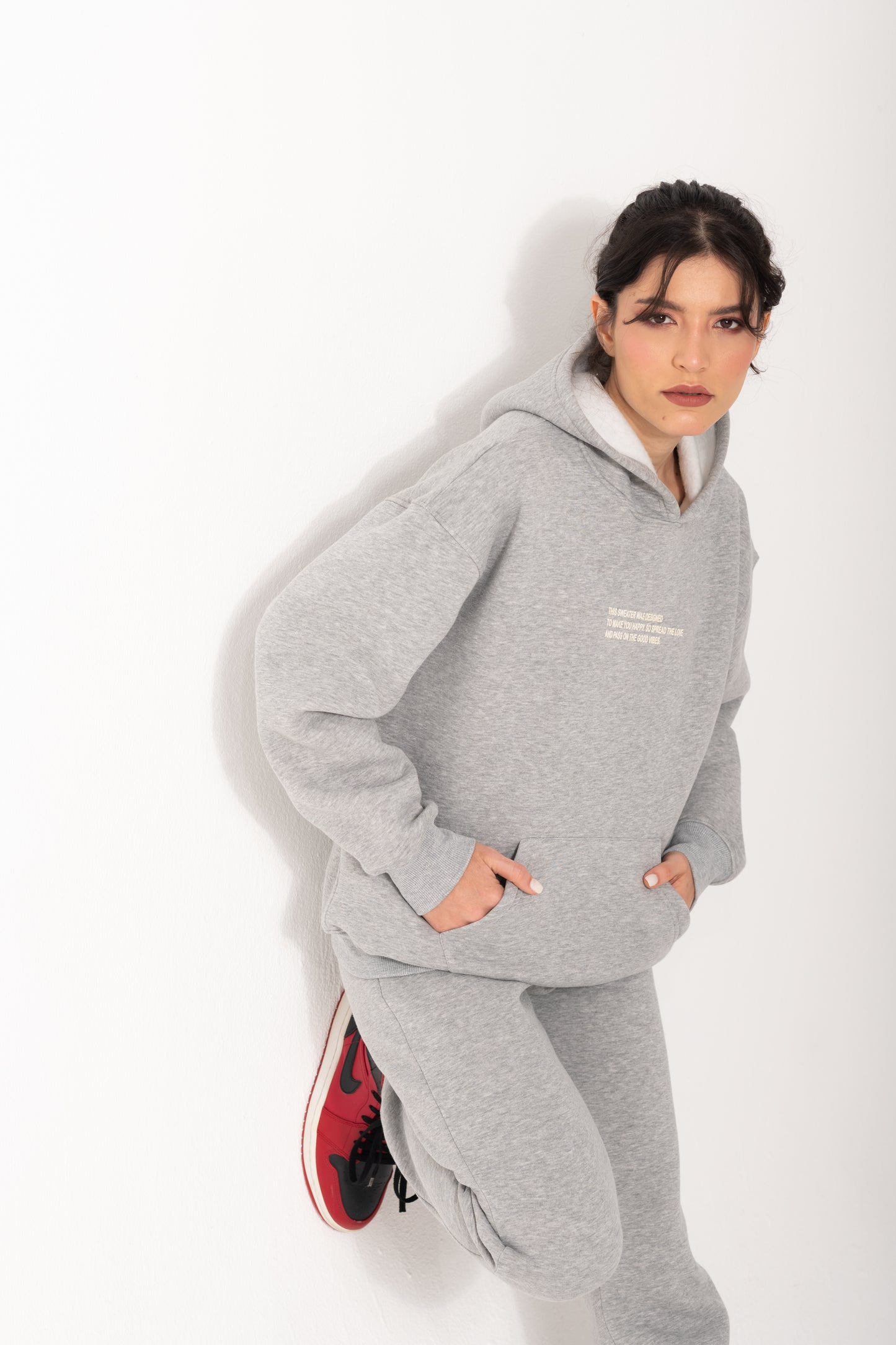 Printed Melton Hoodie Set In Gray