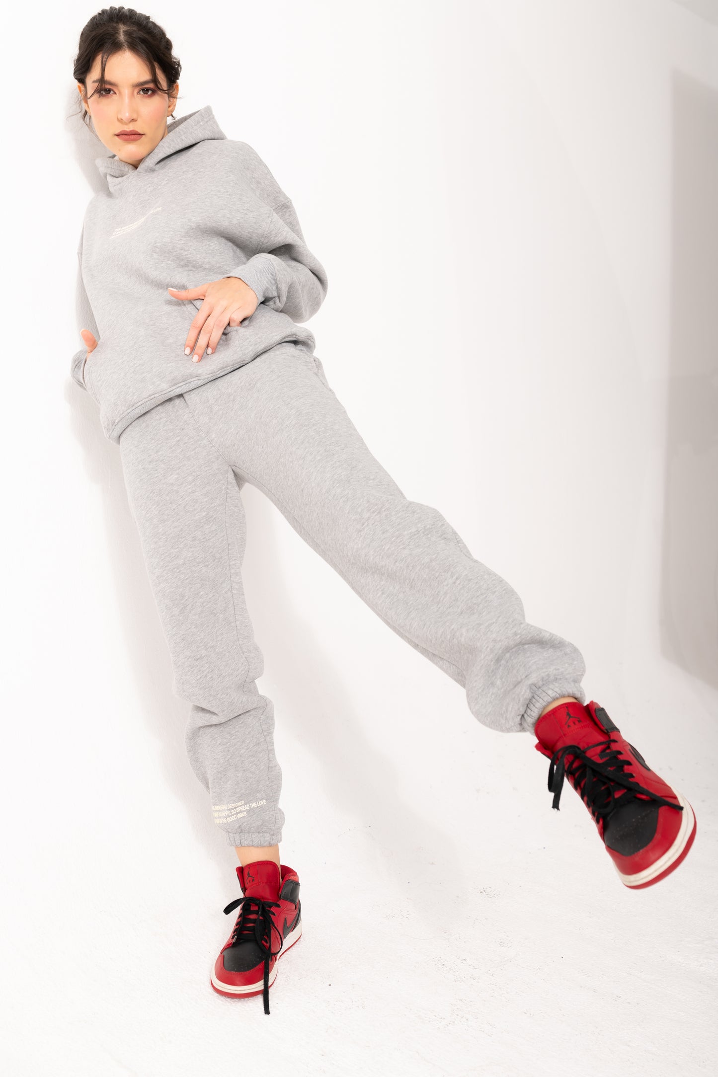 Printed Melton Hoodie Set In Gray