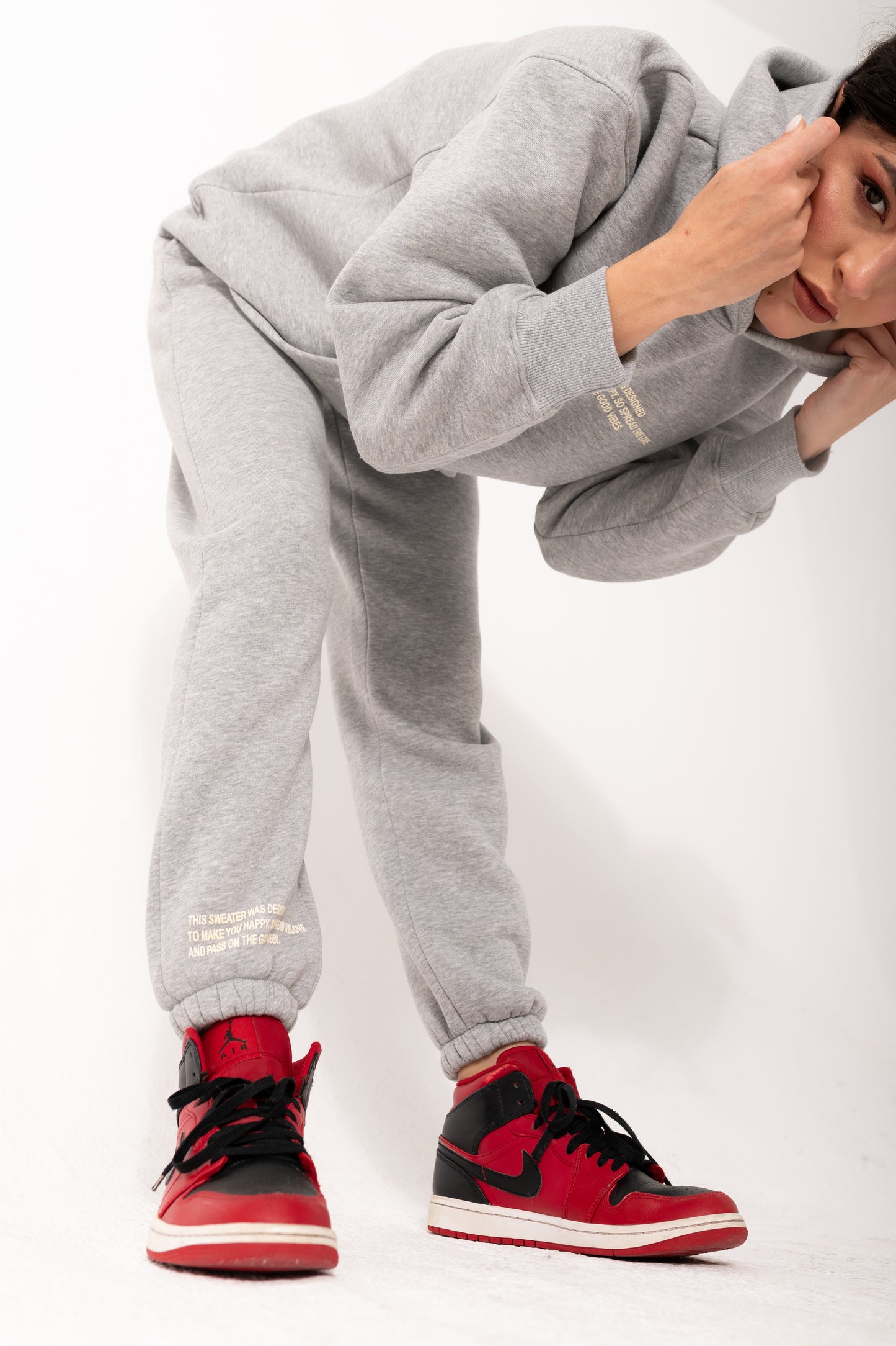 Printed Melton Hoodie Set In Gray