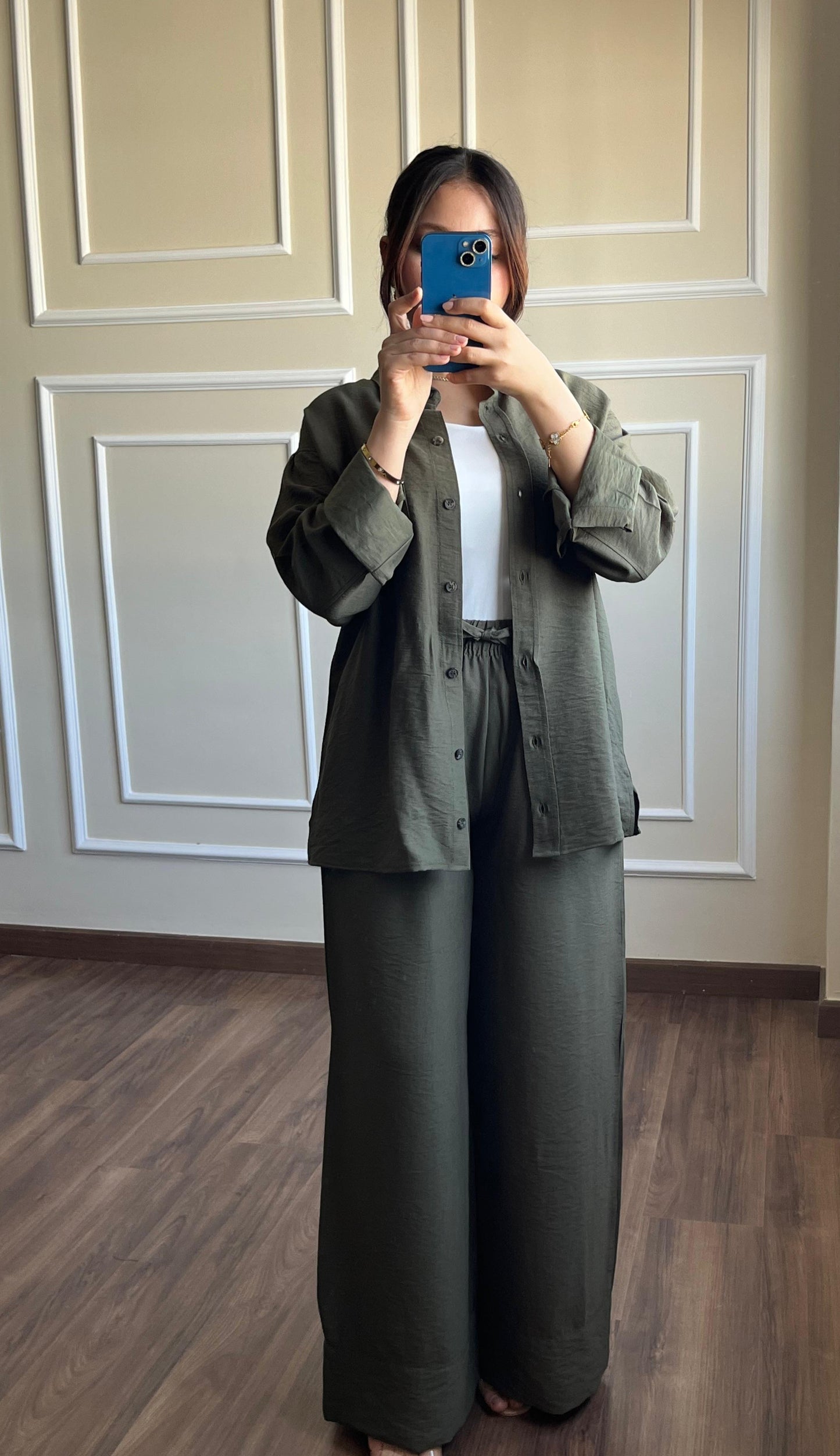 Shirt With Wide Leg Trousers set| Olive