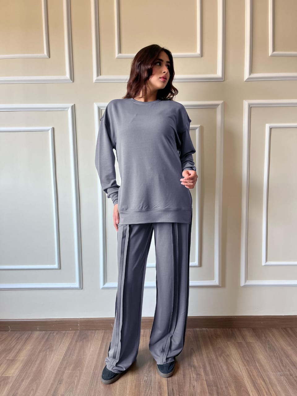 Raw Edge Sweetshirt Set In Gray