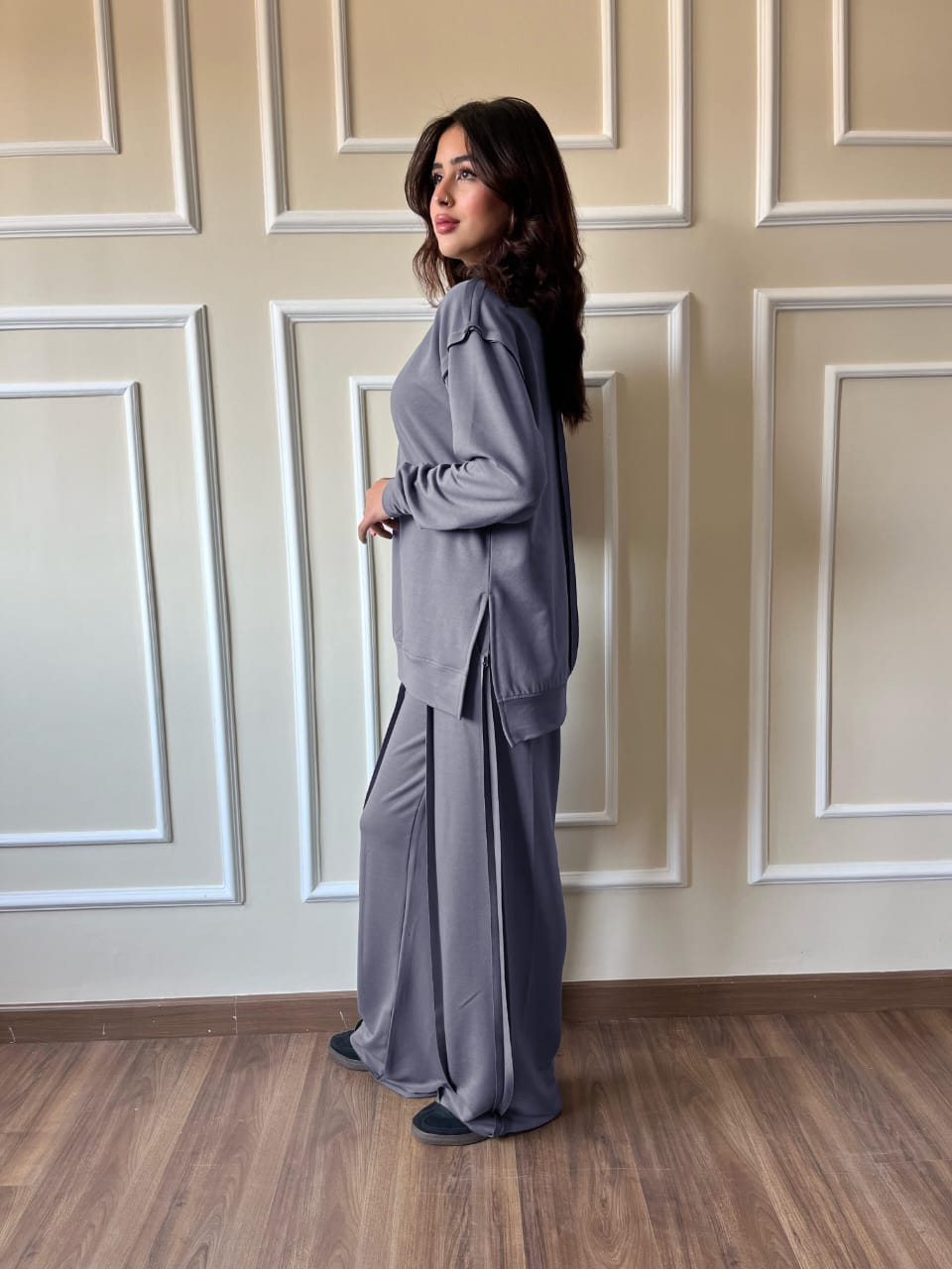 Raw Edge Sweetshirt Set In Gray