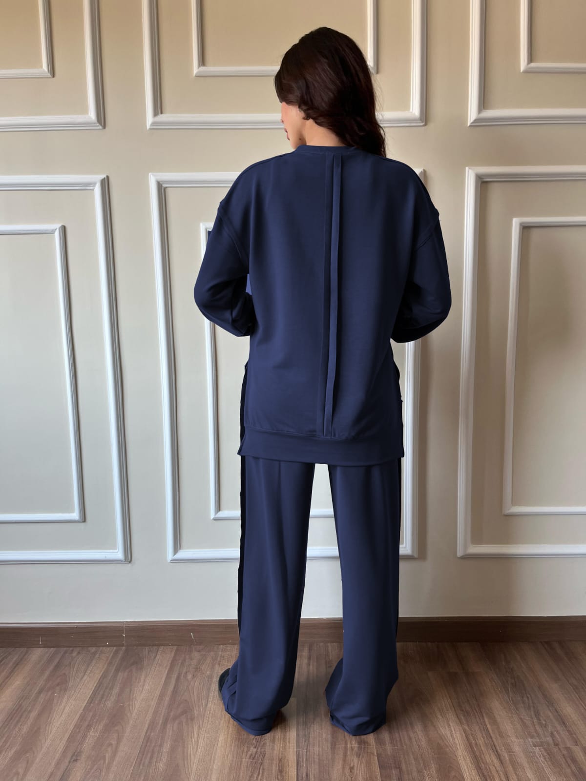 Raw Edge Sweetshirt Set In Navy