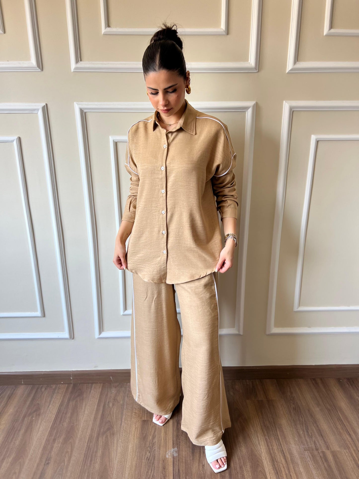 White Stripe Linen Set | Beige