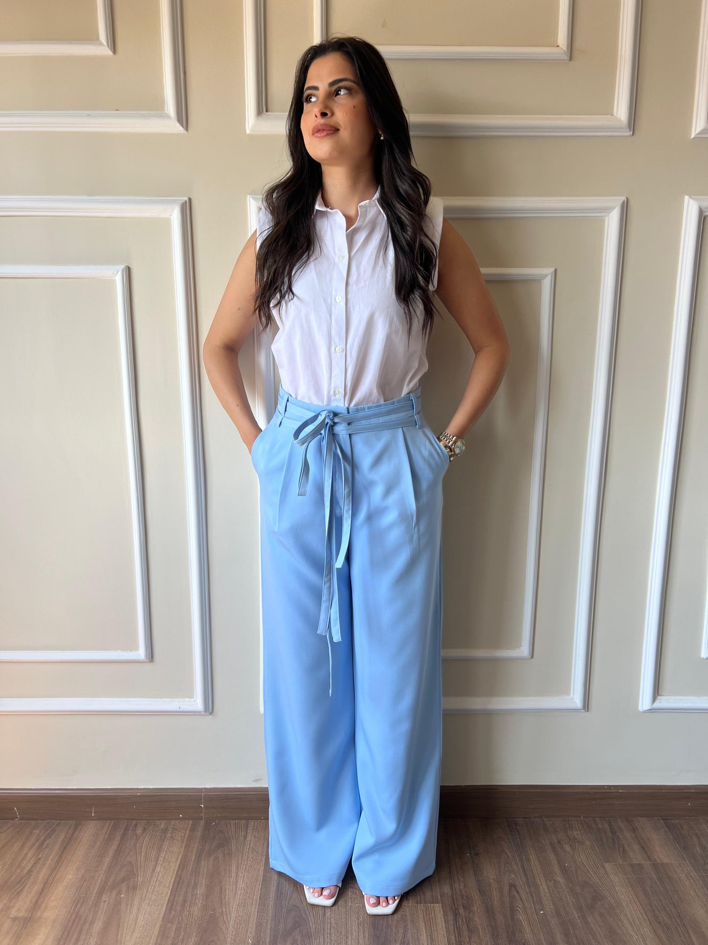Double Belts Trousers| Baby Blue
