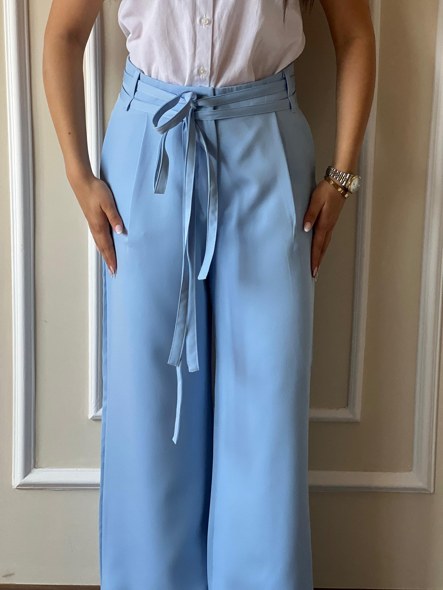 Double Belts Trousers| Baby Blue