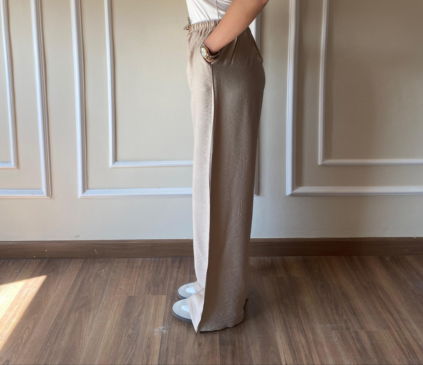 Wide Leg Linen Trousers | Beige
