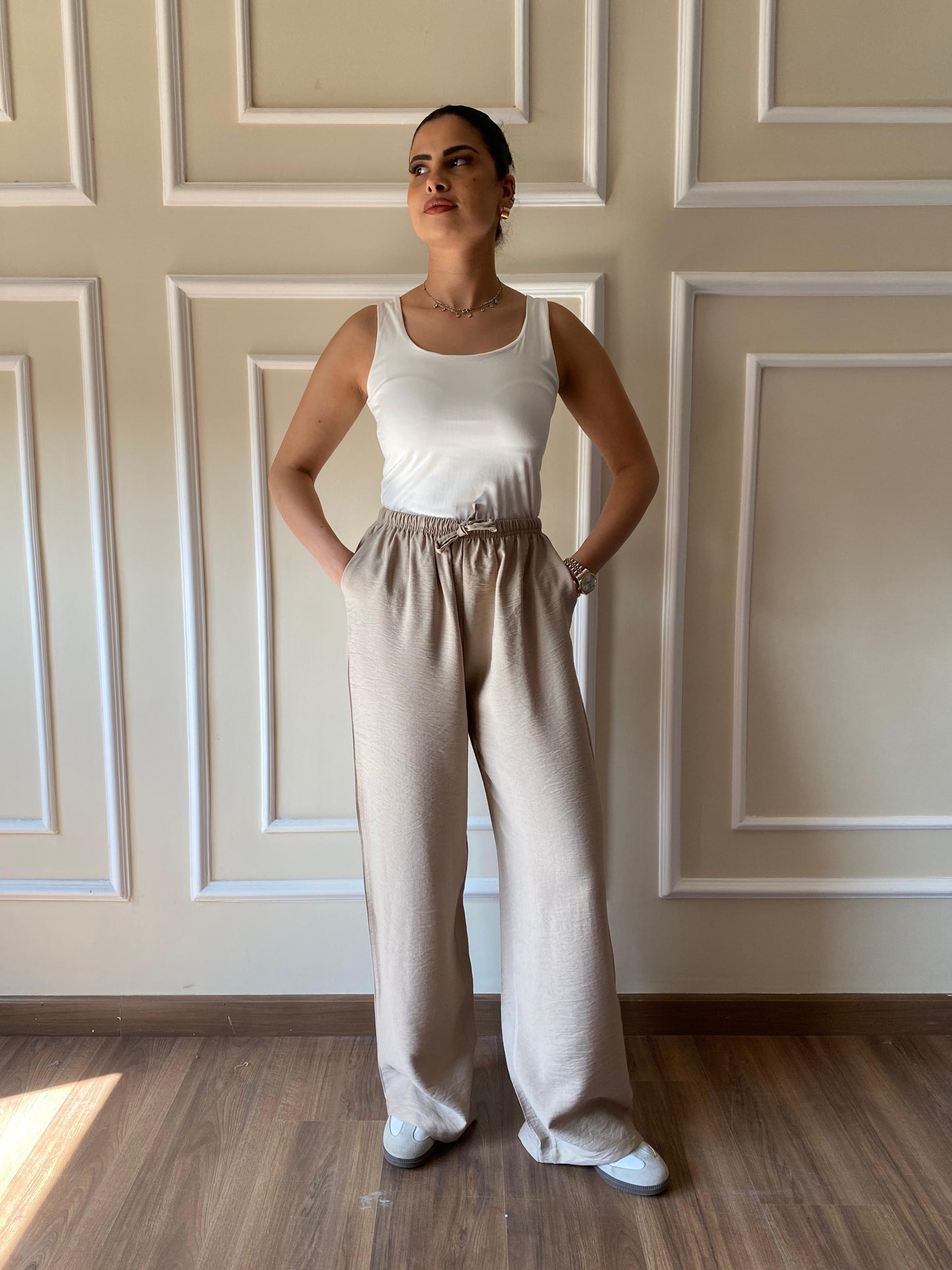 Wide Leg Linen Trousers | Beige