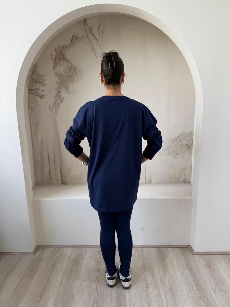 Long Sleeves Cotton Navy Legging Set