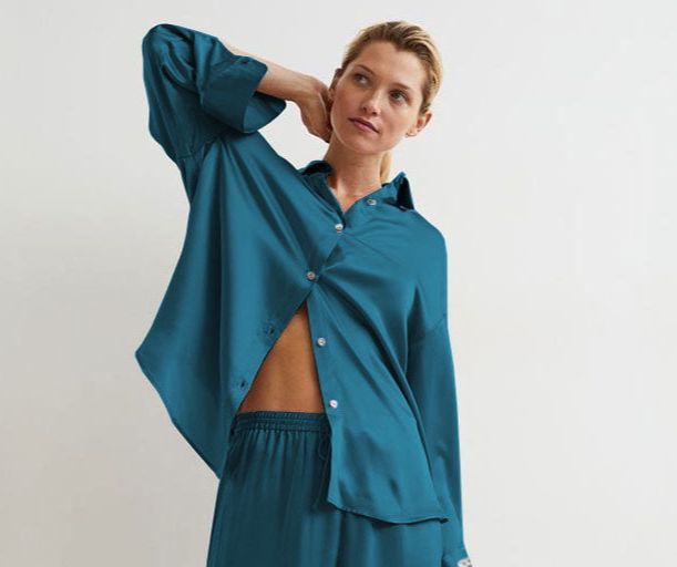 Patched Satin Shirt In Petrol Blue