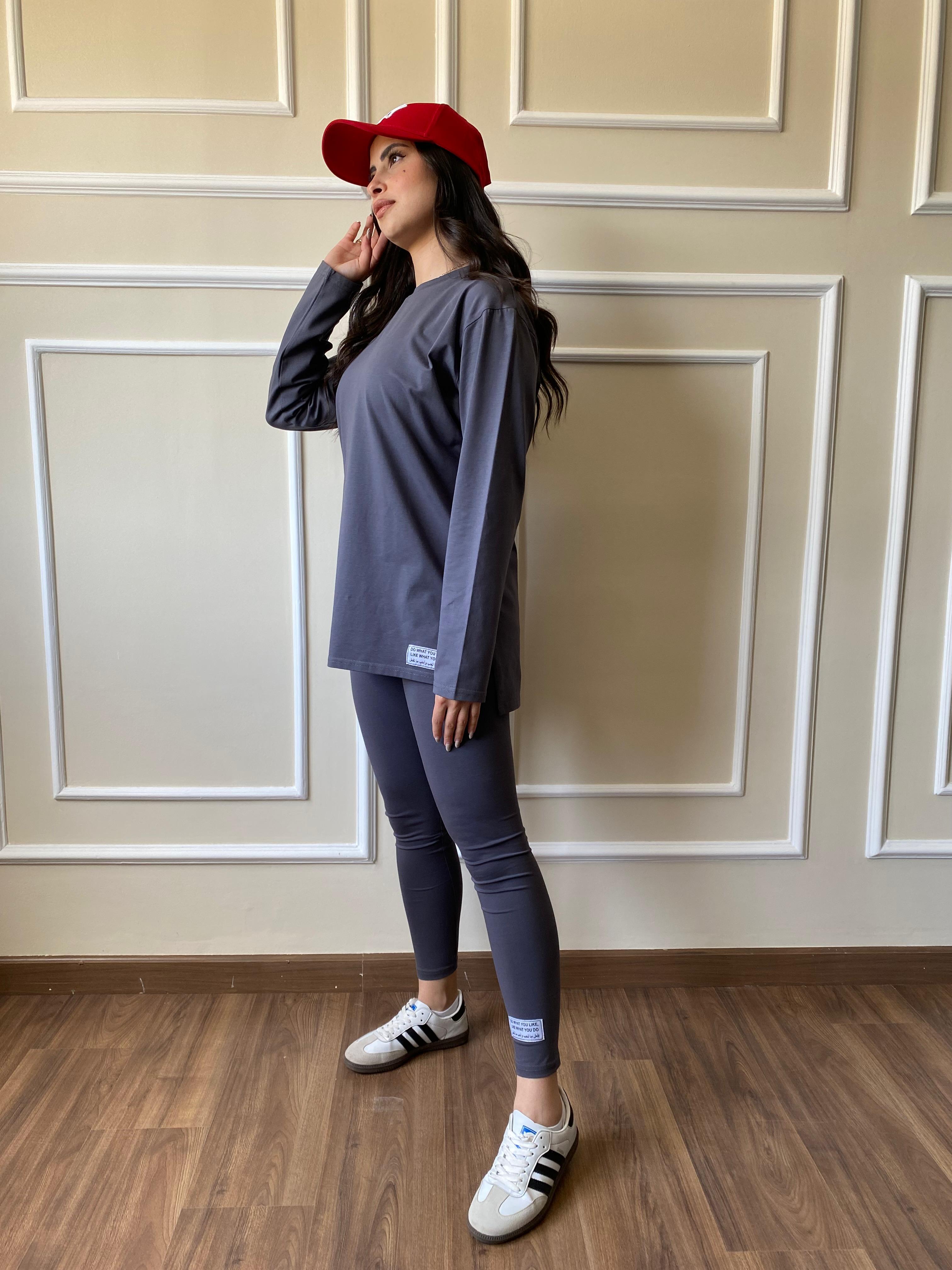 Leggings set with side slit long sleeve top|Gray