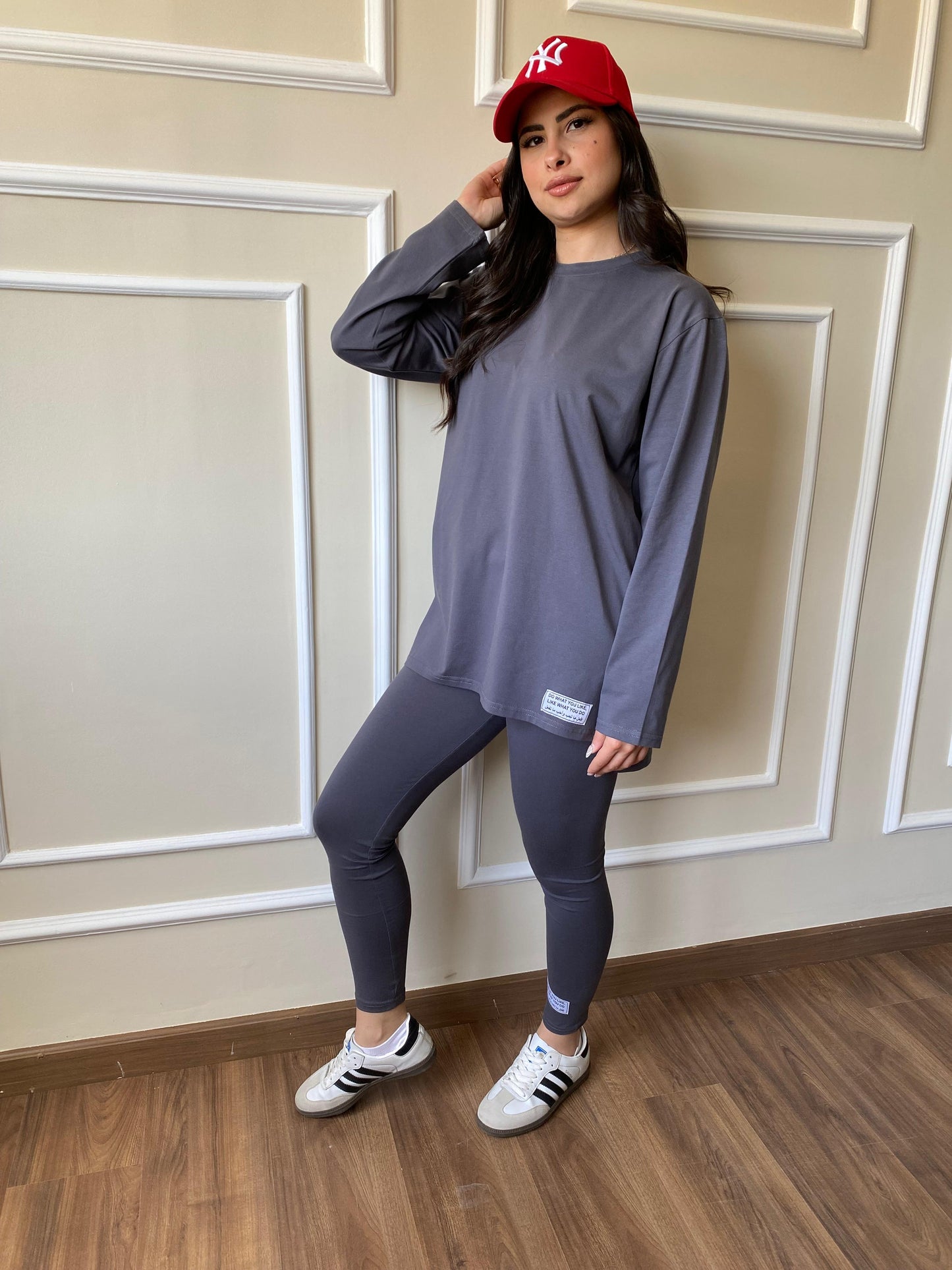 Leggings set with side slit long sleeve top|Gray