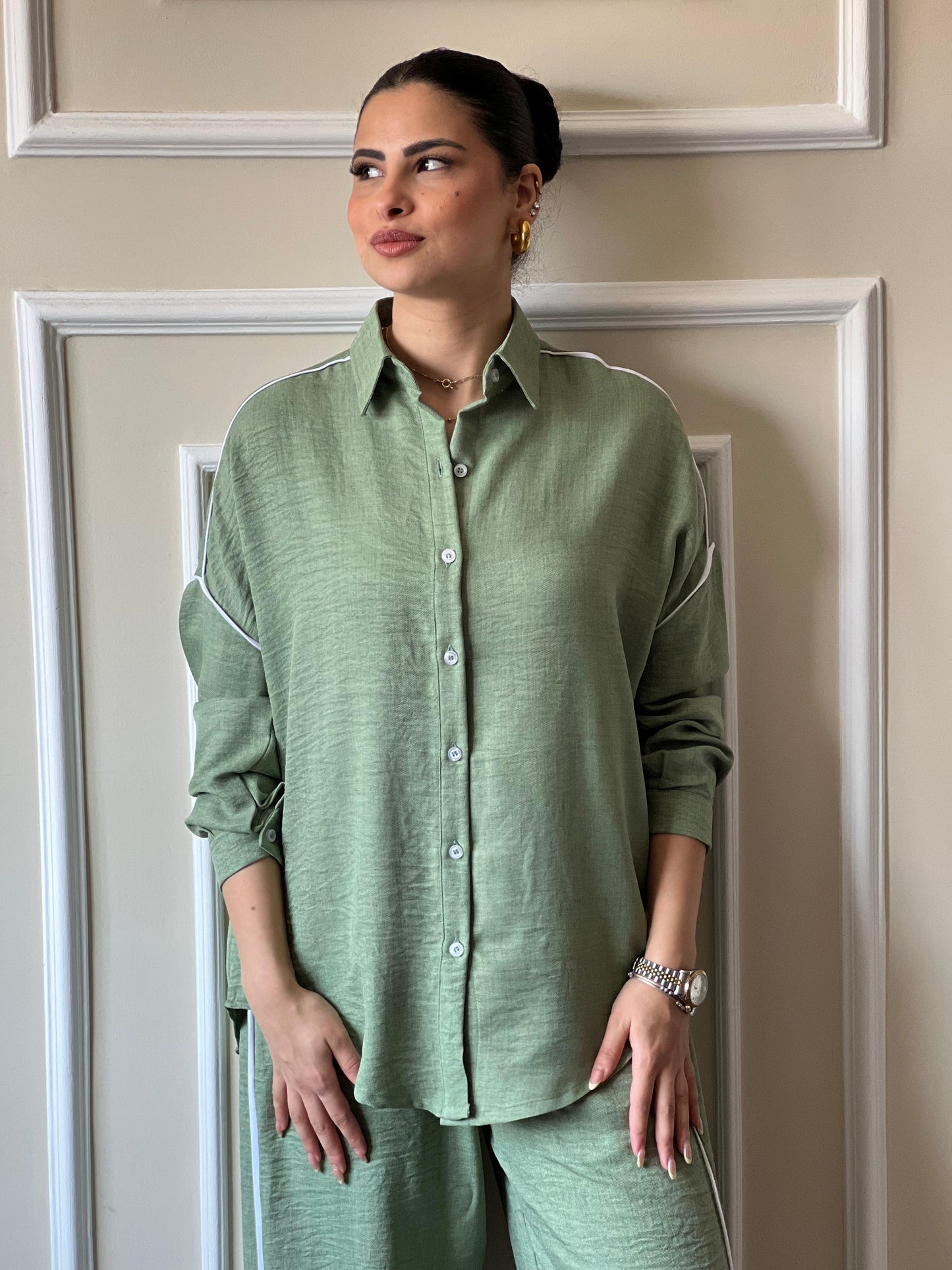 White Stripe Linen Set | Mint-Green