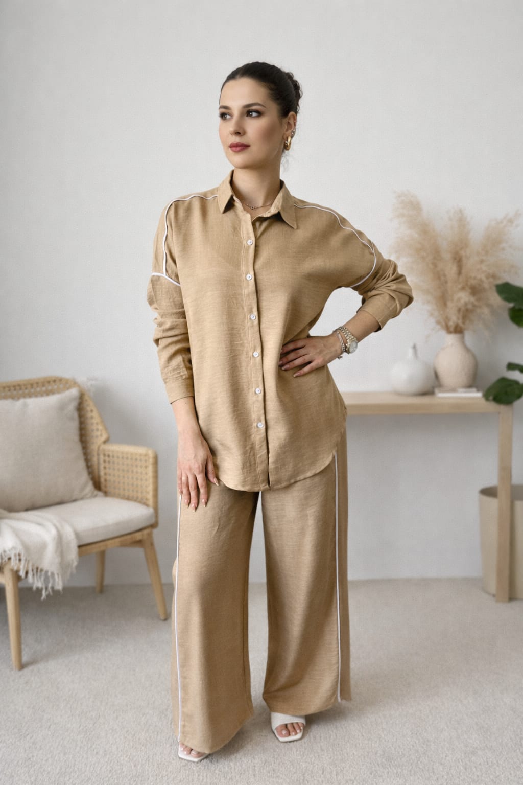 White Stripe Linen Set