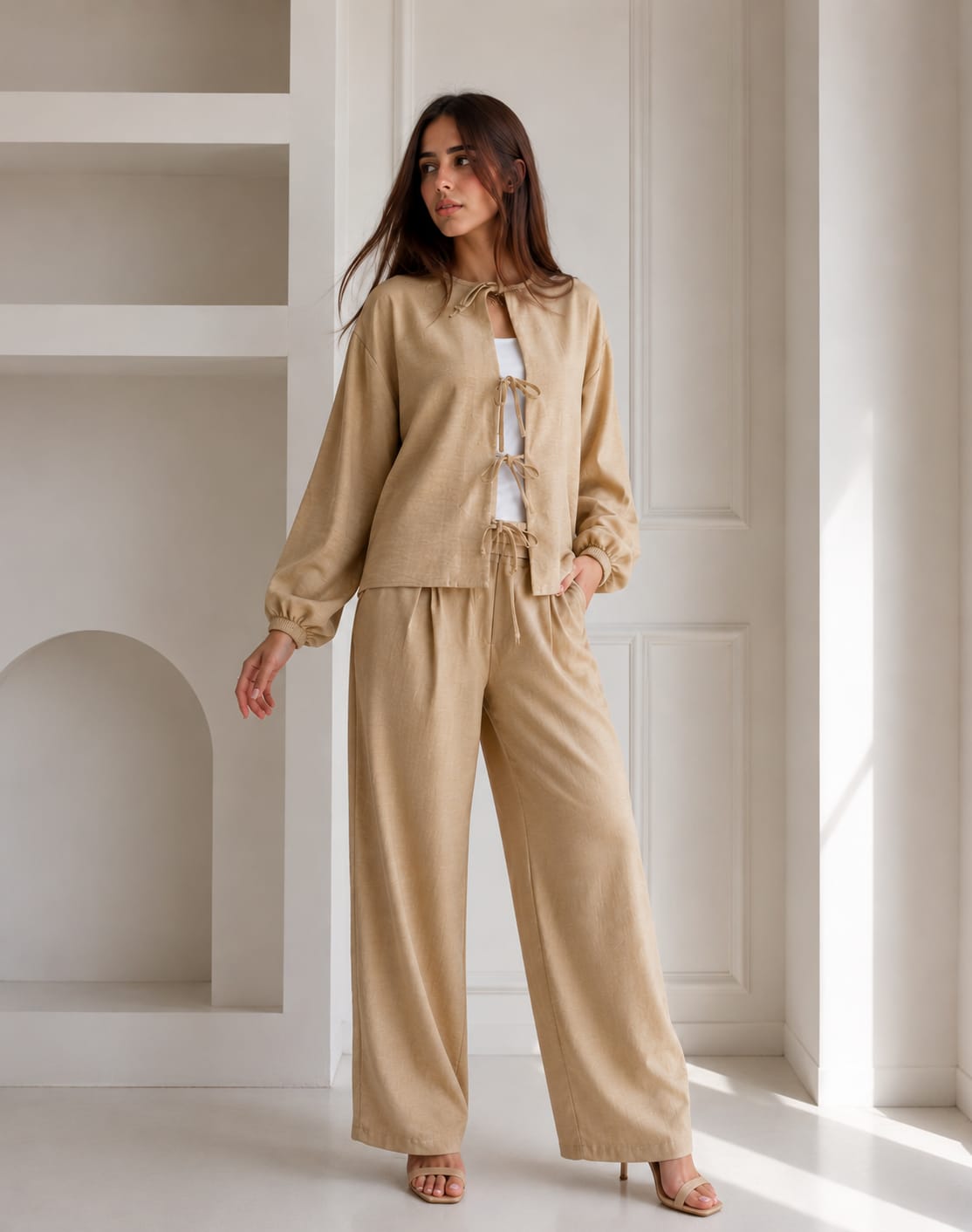 W-The Tie Details Blouse In Beige