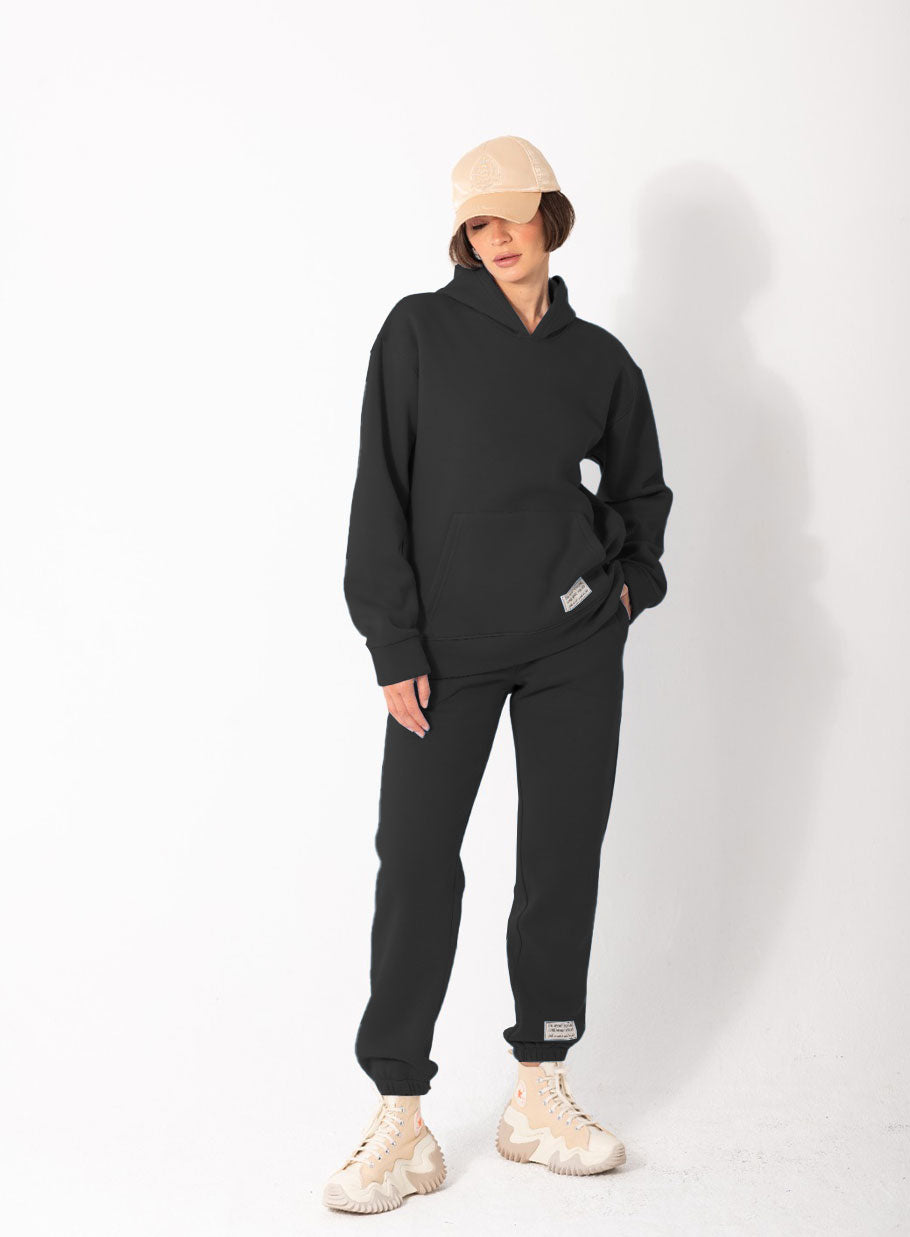 Basic Melton Hoodie Set In Black