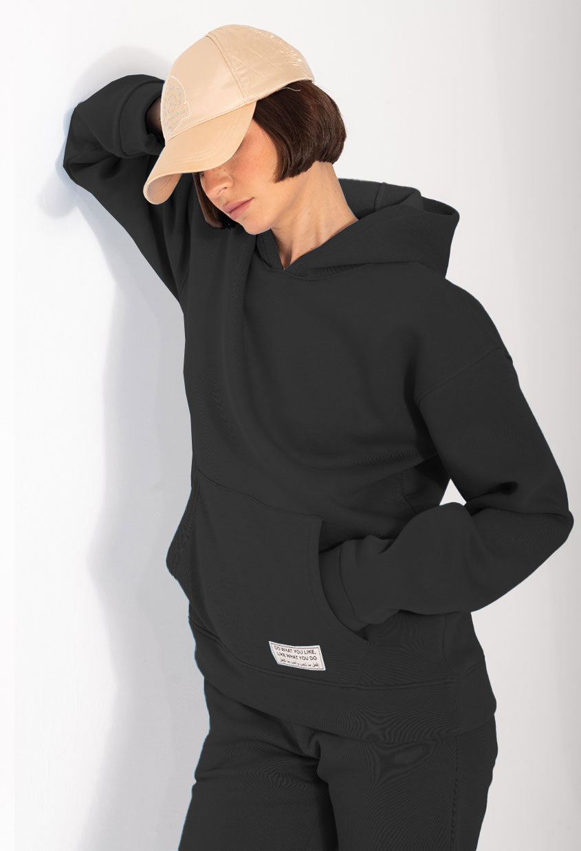 Basic Melton Hoodie Set In Black
