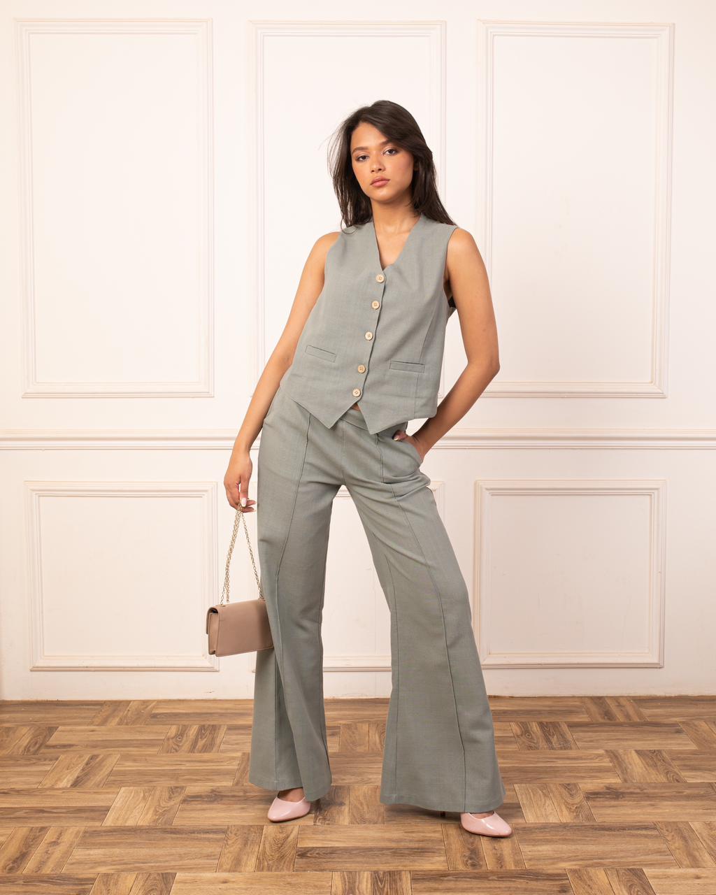 Linen Vest Set In Olive