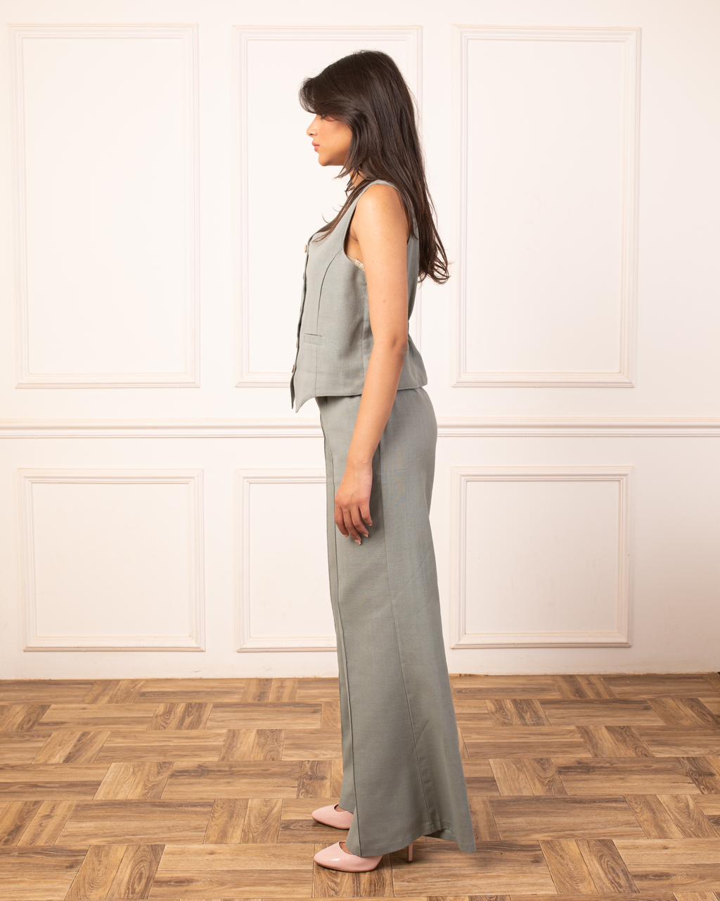 Linen Vest Set In Olive