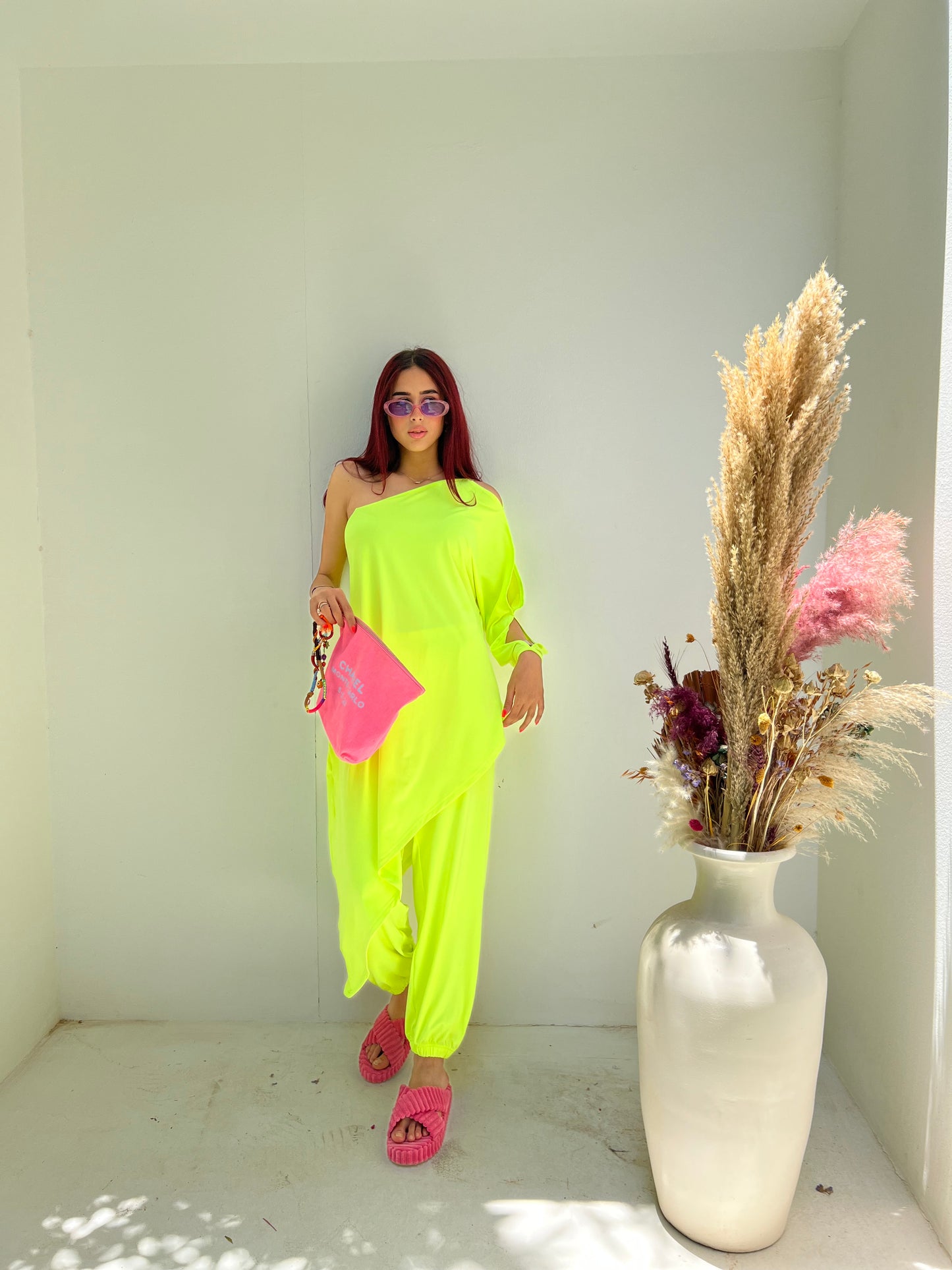 Off Shoulder Beach Set In Lime Green