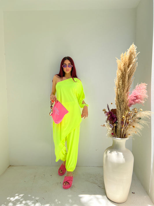 Off Shoulder Beach Set In Lime Green